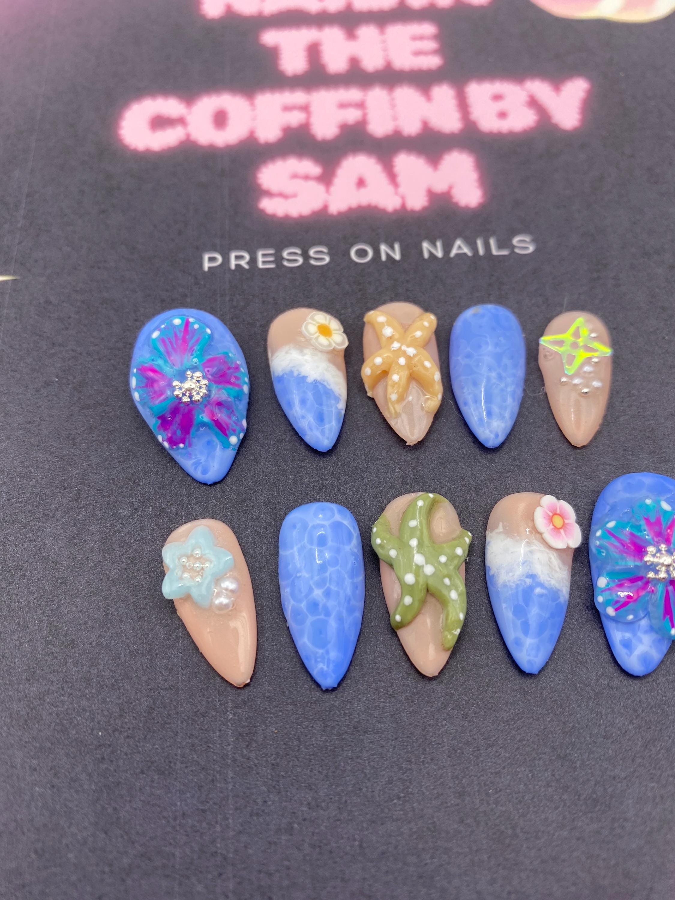 4d 3d press on nails - beach - holiday - sea life -unique nails - blue - starfish - flowers