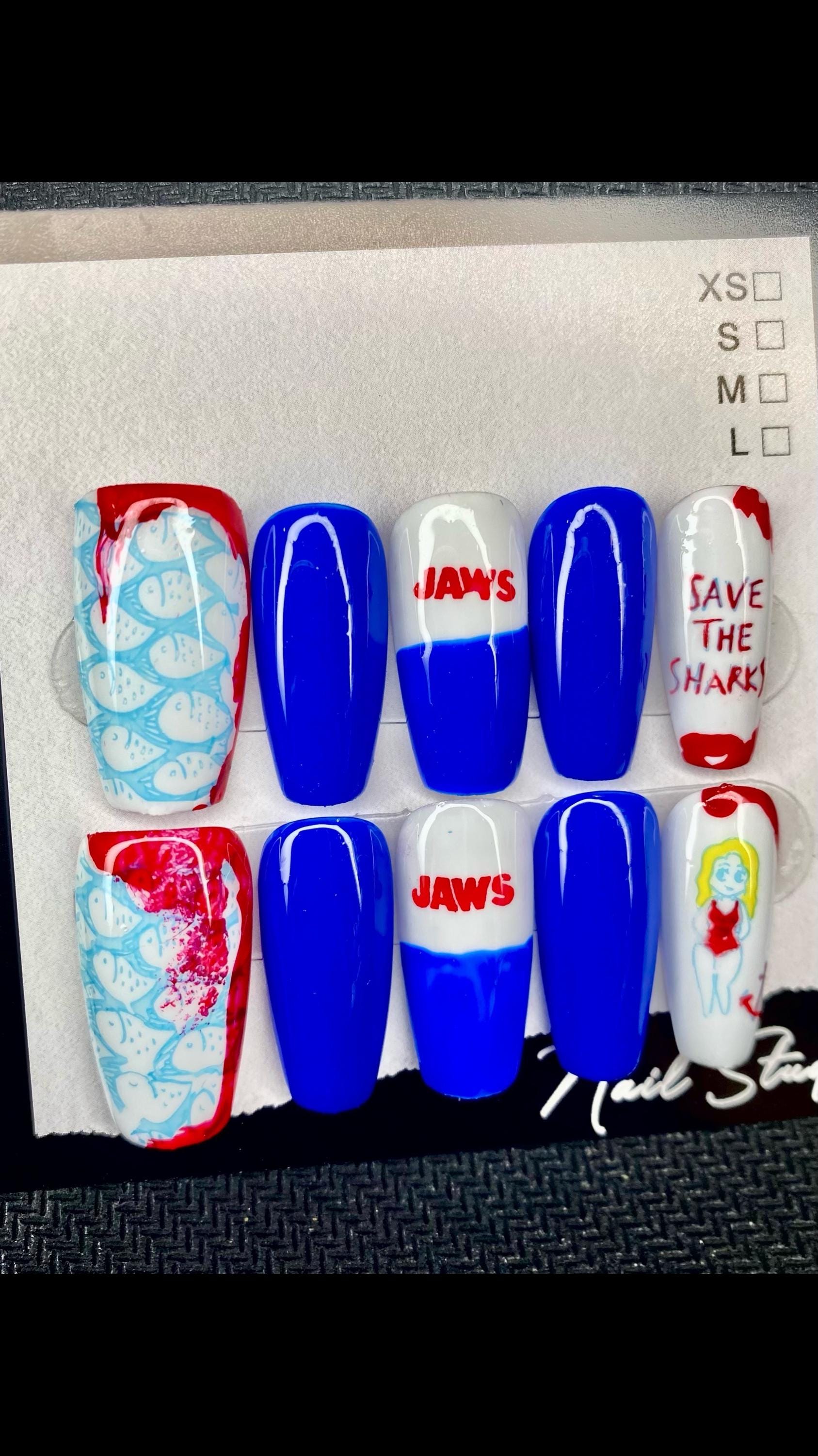 Jaws inspired nails - movie nails - horror nail - nerd - gifts for her - Blue nails - art - gift
