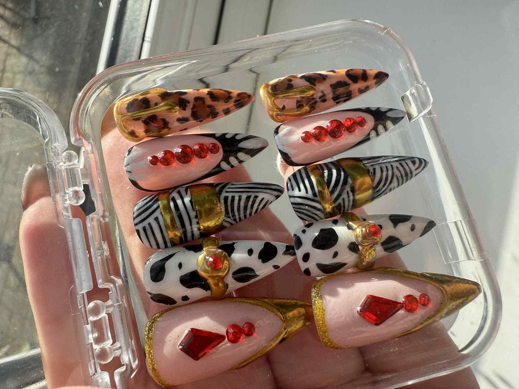 Safari Glam Press On Nails – Mixed Animal Print with Gold Accents & Red Crystals – Long Stiletto Luxury Nail Set -Gifts for her