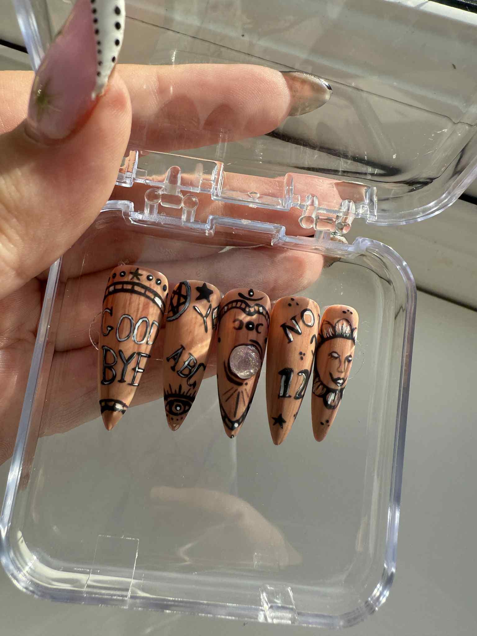Ouija Board Inspired Press-On Nails – Gothic Black, White Nail Set with Occult & Spirit Designs – Reusable False Nails - gifts for her