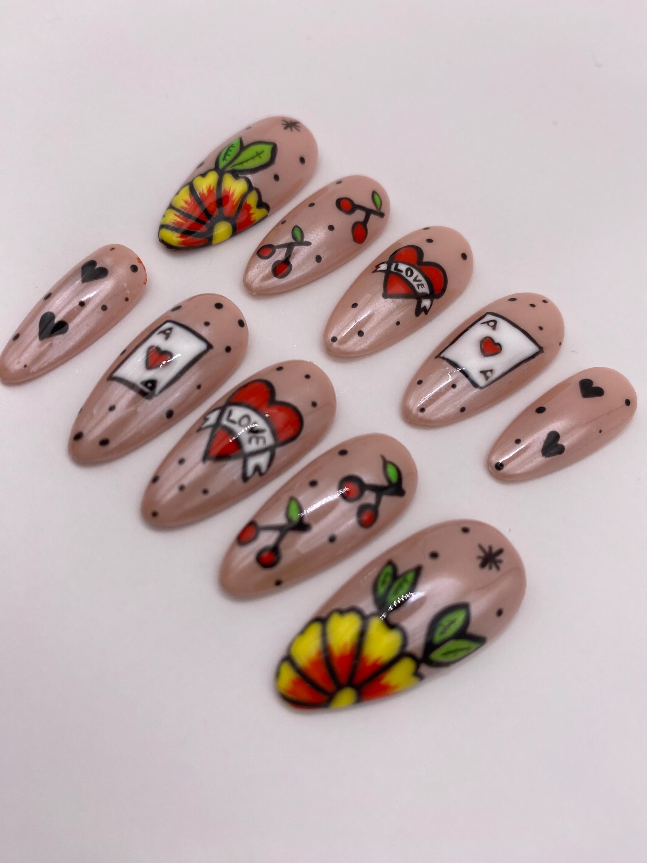 Tattoo inspired press on nail set - beige - gift for her - unique gift - red - fake nails - unique design - chrome