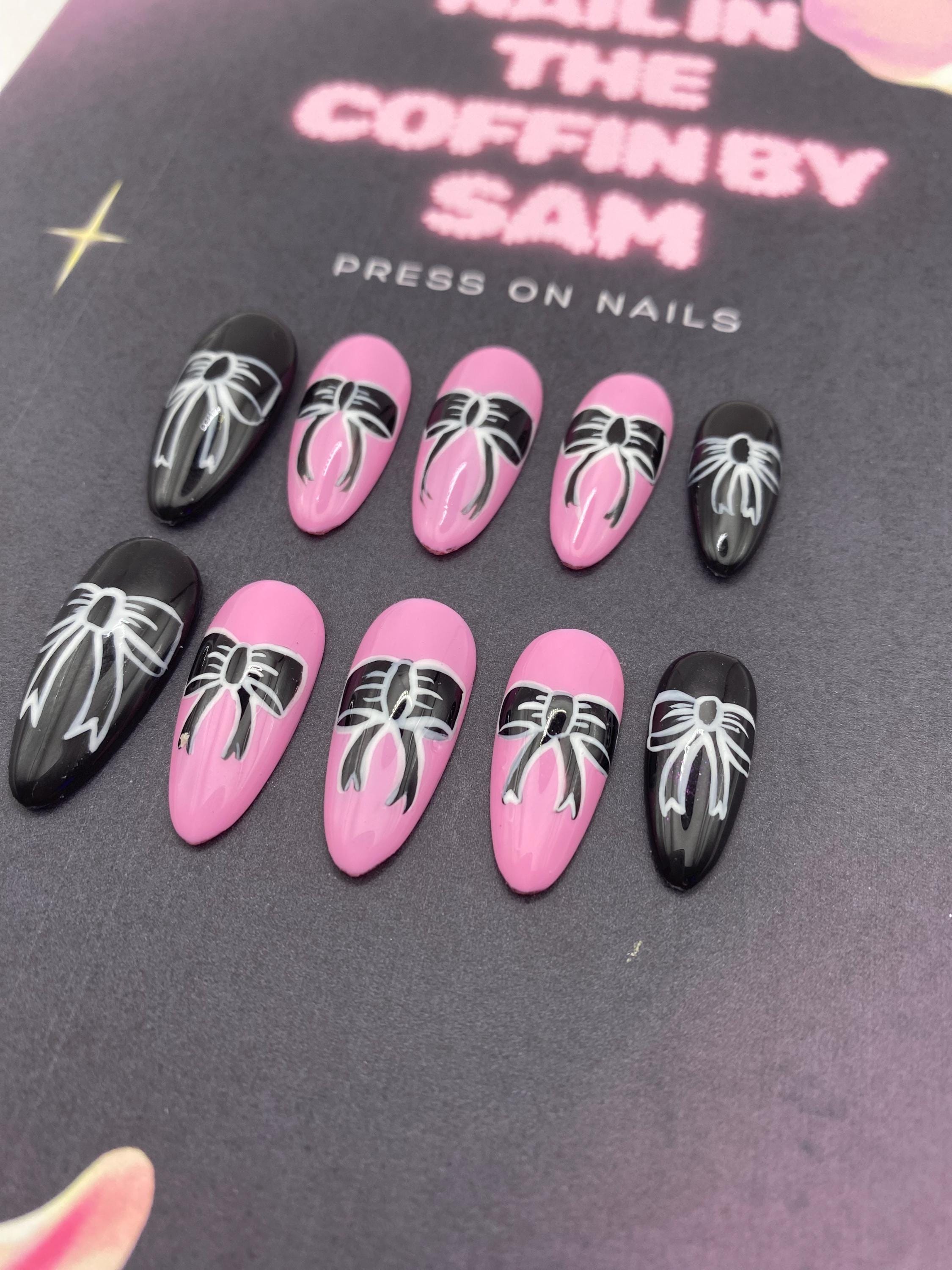 Gothic press on nails - pink - black - gifts for her - goth - bow -