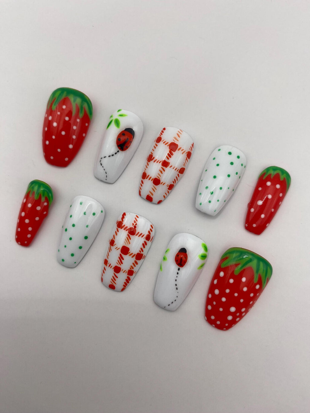 Trending Fruit nails - press on nails - strawberry - ladybugs - red - white - gifts for her