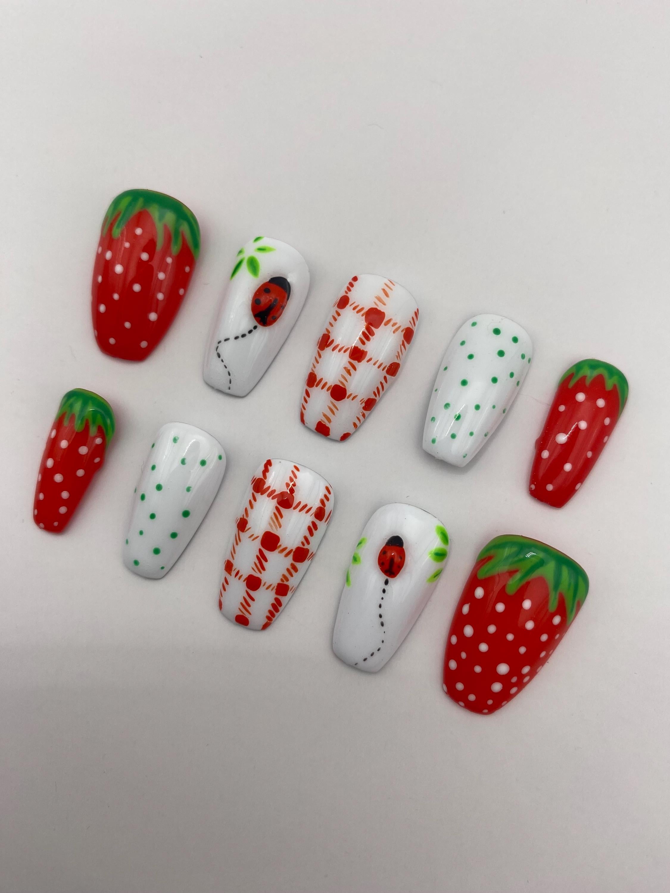 Trending Fruit nails - press on nails - strawberry - ladybugs - red - white - gifts for her