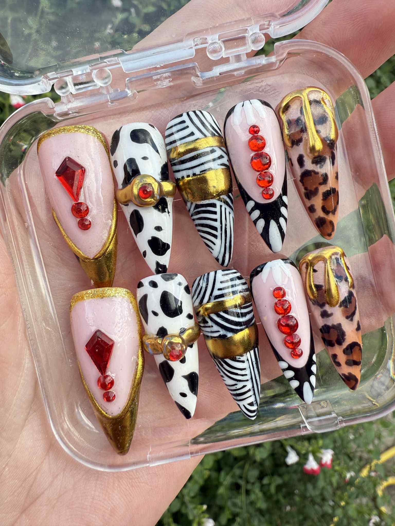 Safari Glam Press On Nails – Mixed Animal Print with Gold Accents & Red Crystals – Long Stiletto Luxury Nail Set -Gifts for her
