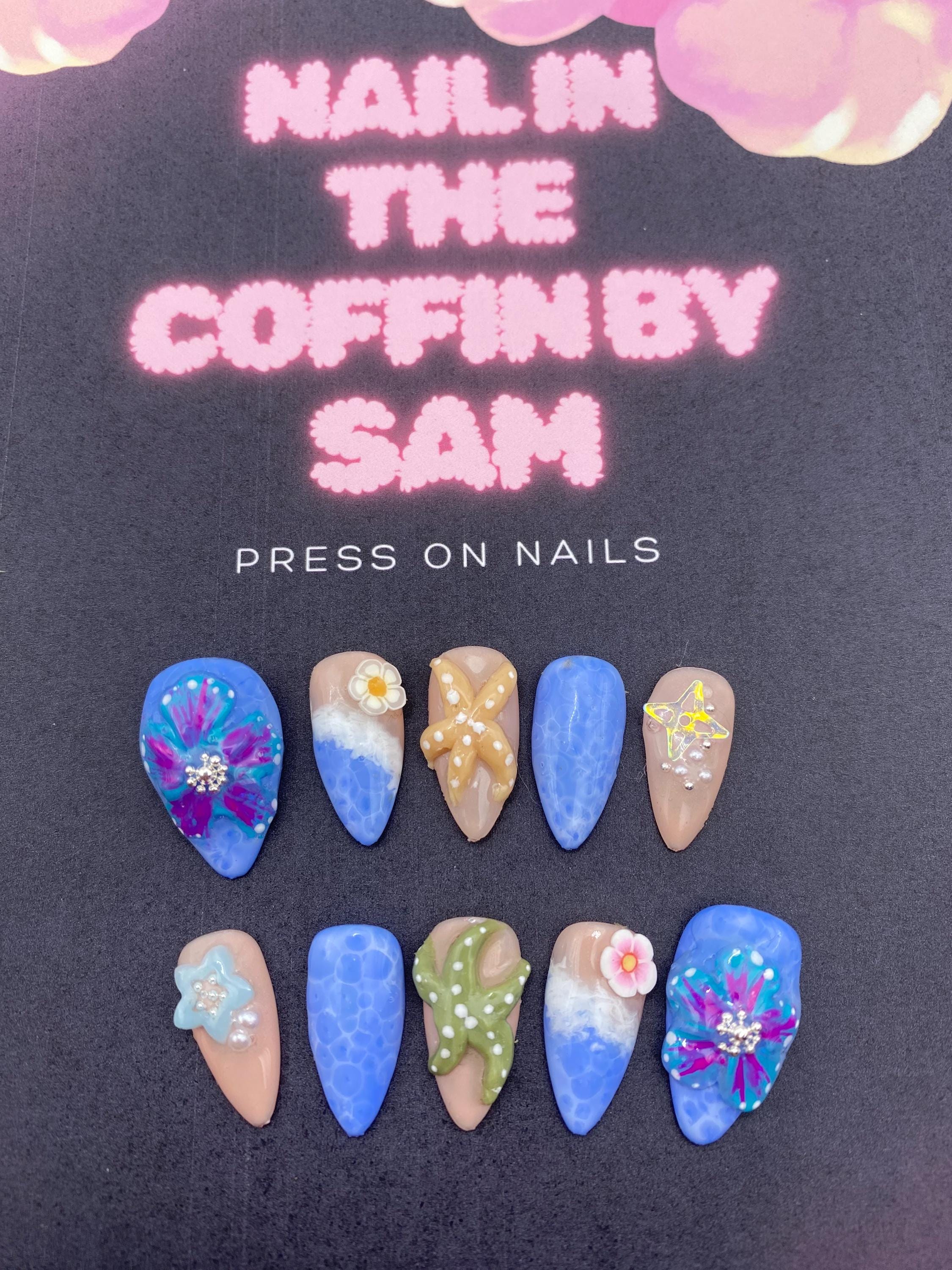4d 3d press on nails - beach - holiday - sea life -unique nails - blue - starfish - flowers