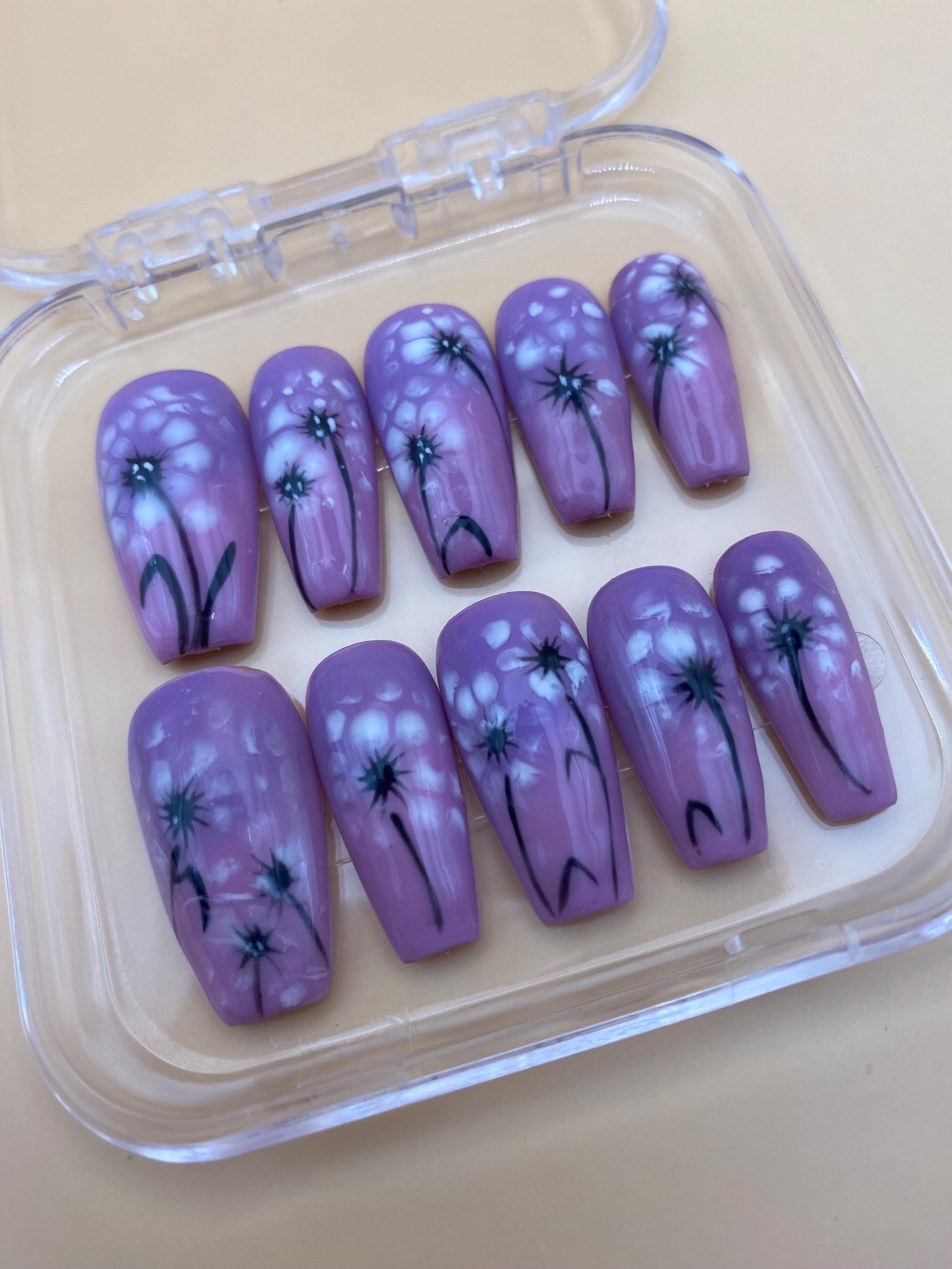 Summer flower press on nails - Garden fake nails - reusable handmade nails - pink purple press ons - gift for her