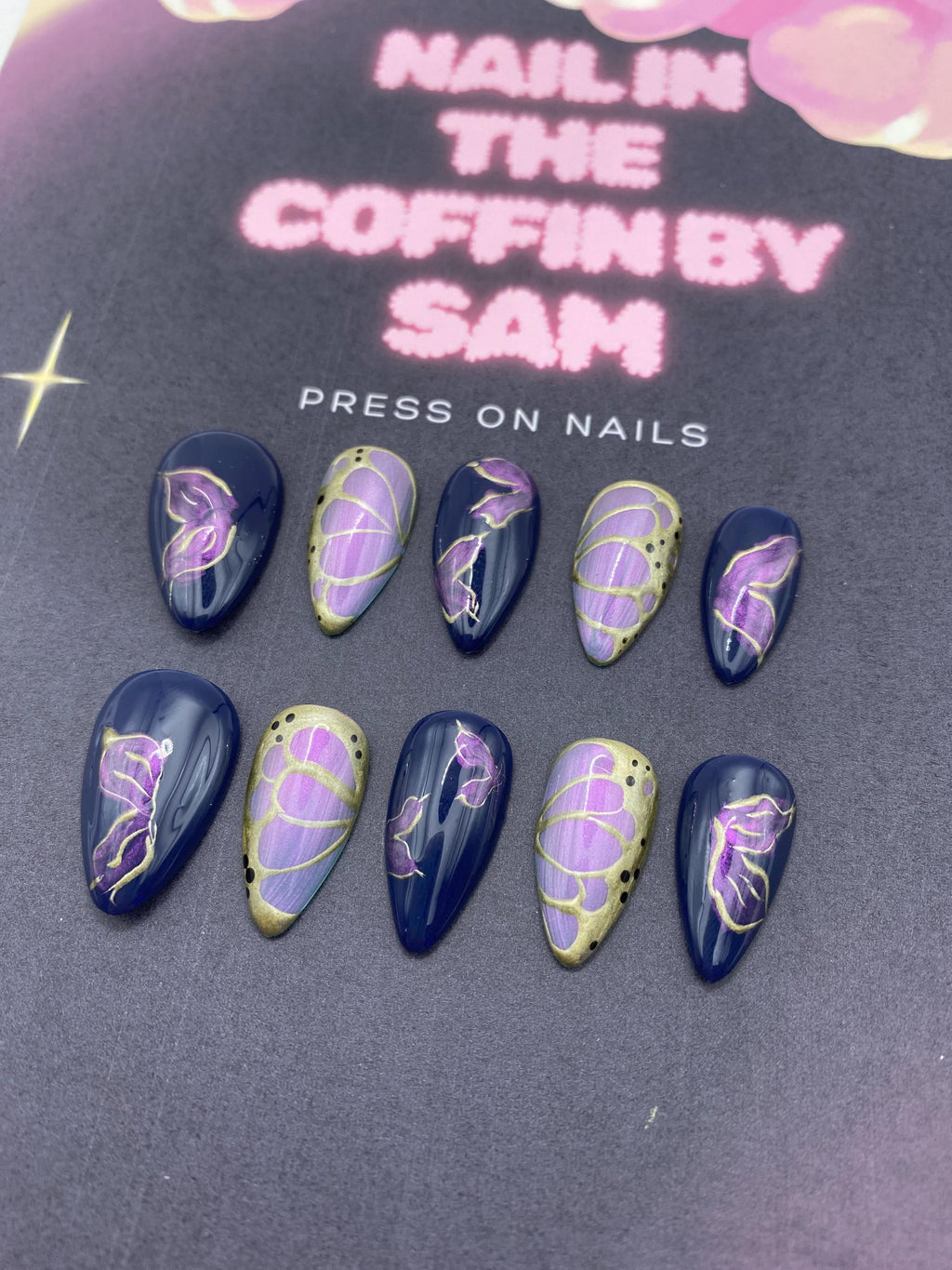 Butterfly press on nails - elegant nails - gifts for her - unique gifts - blue - gold
