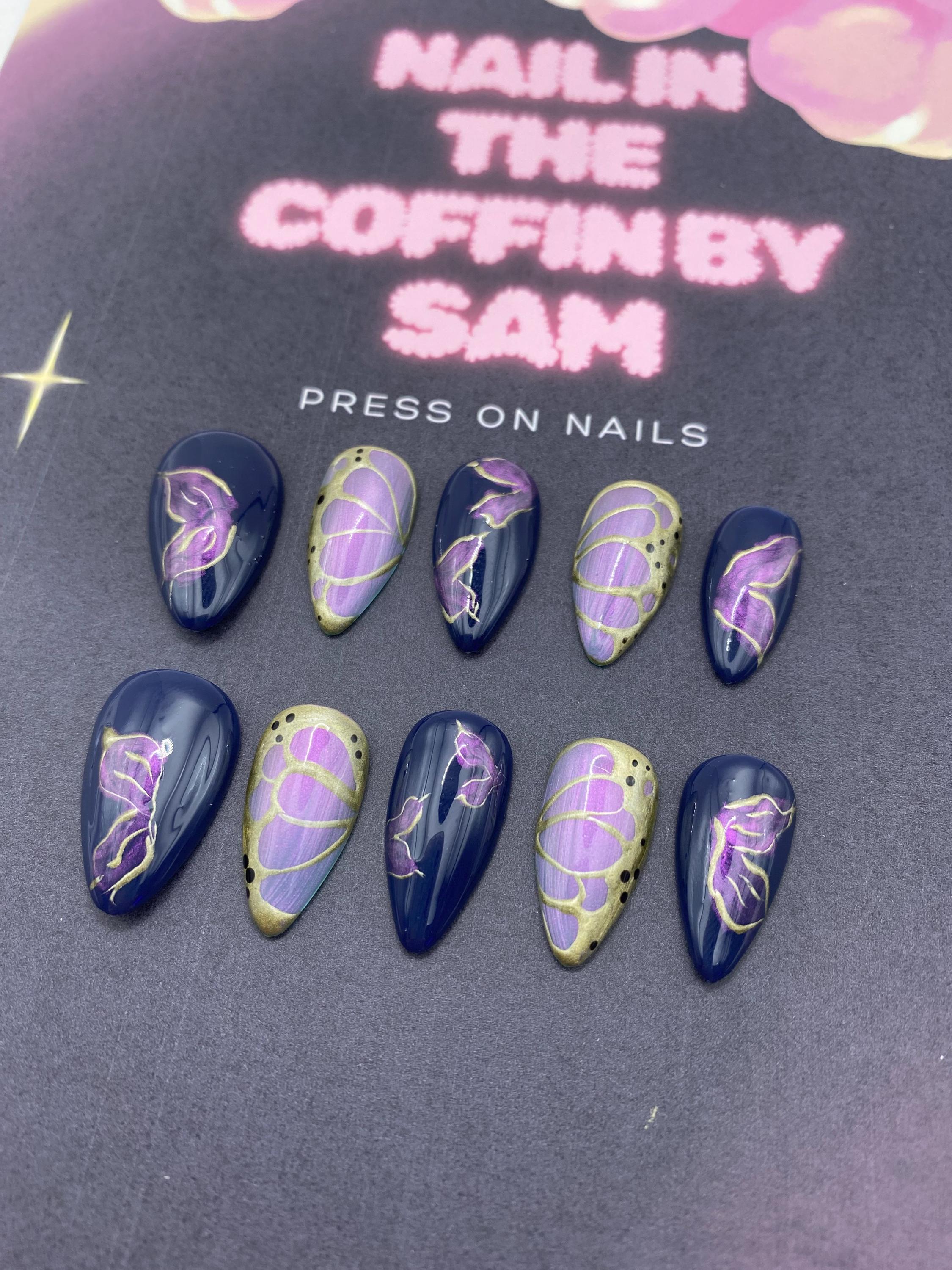 Butterfly press on nails - elegant nails - gifts for her - unique gifts - blue - gold