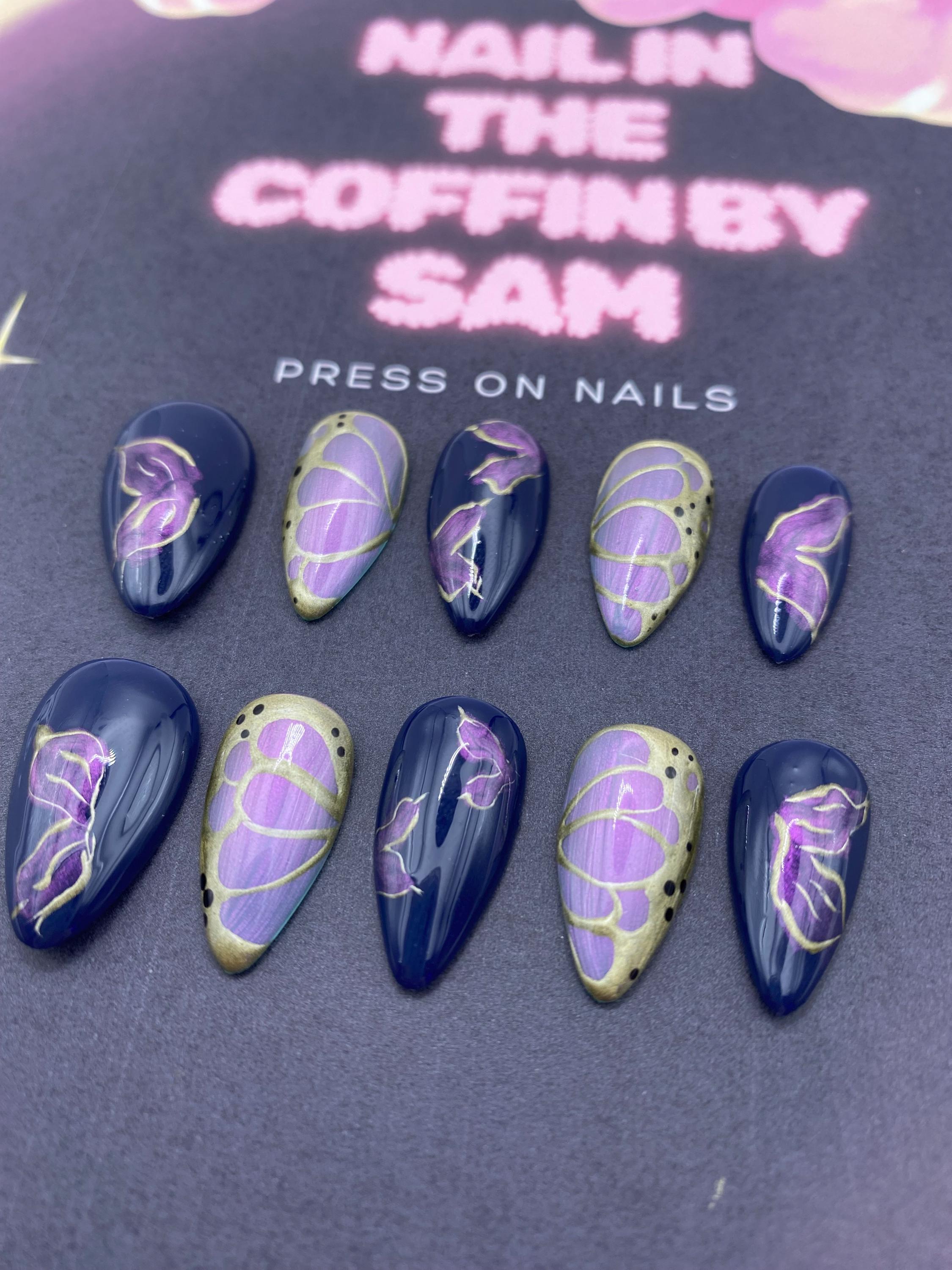 Butterfly press on nails - elegant nails - gifts for her - unique gifts - blue - gold