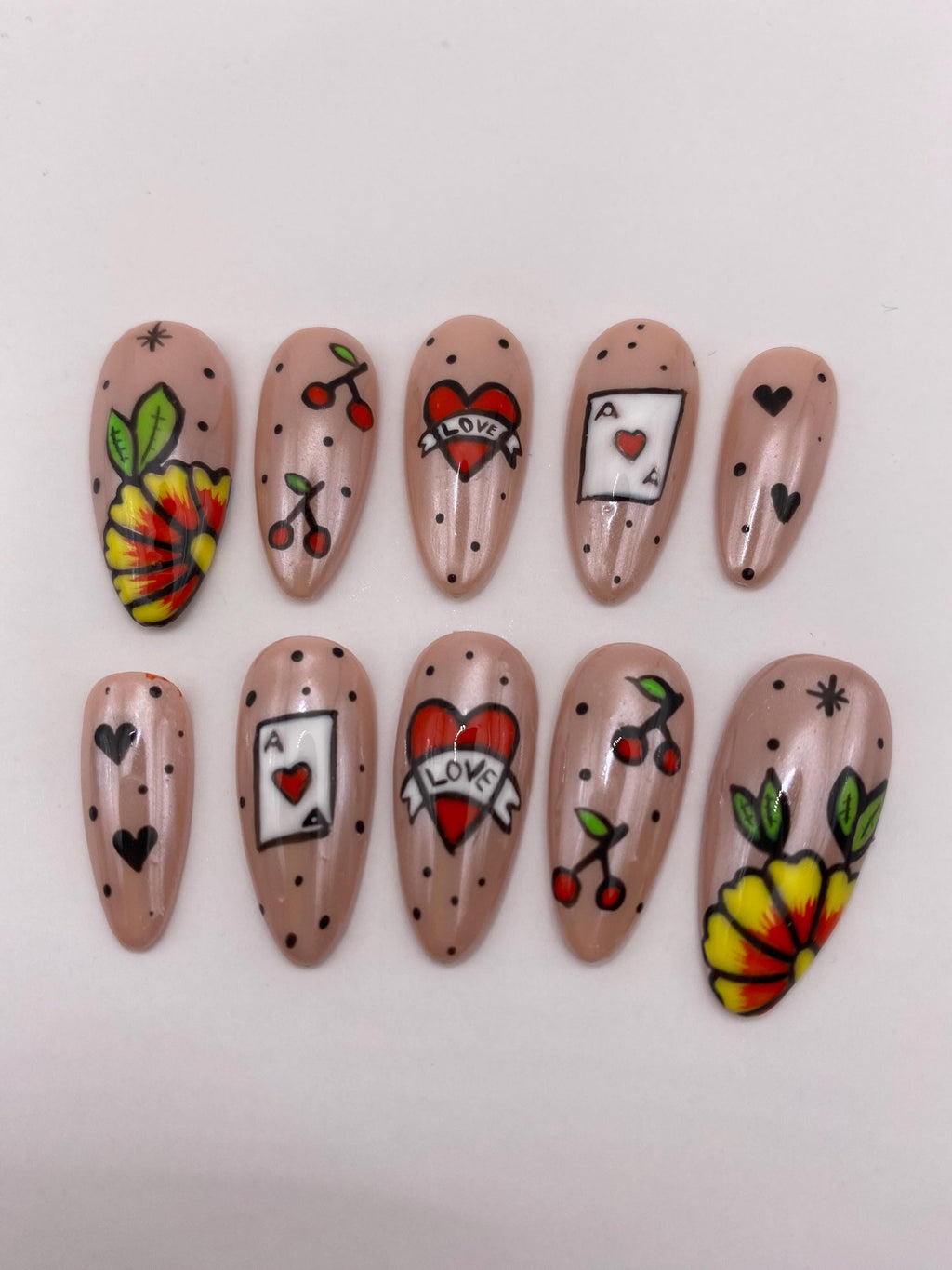 Tattoo inspired press on nail set - beige - gift for her - unique gift - red - fake nails - unique design - chrome
