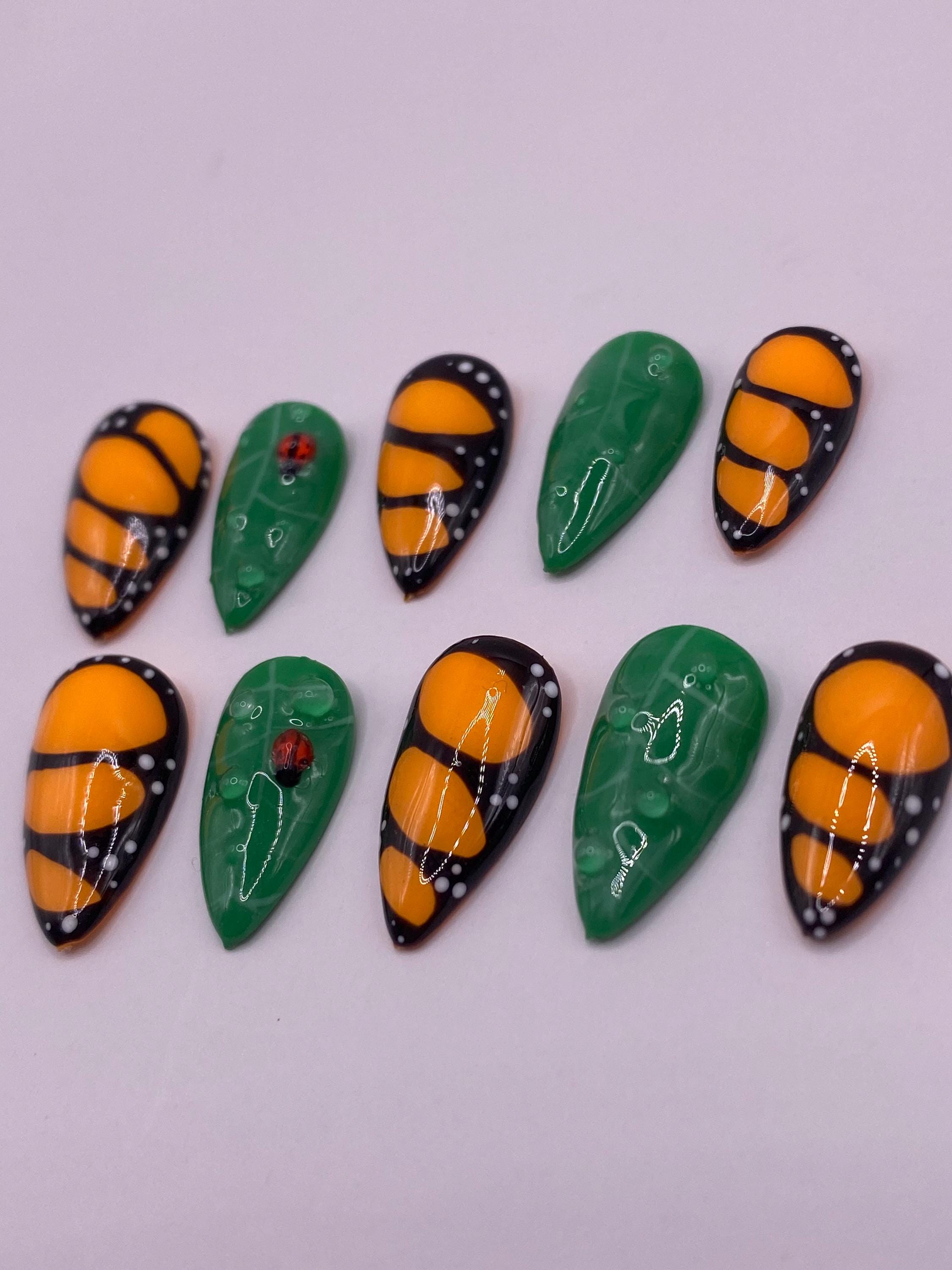 Butterfly wing and ladybird leaf press on nails - Garden fake nails - reusable handmade nails - butterfly press ons - gift for her