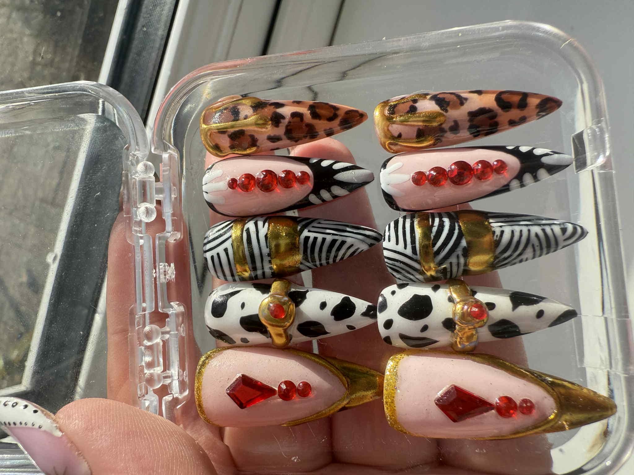 Safari Glam Press On Nails – Mixed Animal Print with Gold Accents & Red Crystals – Long Stiletto Luxury Nail Set -Gifts for her