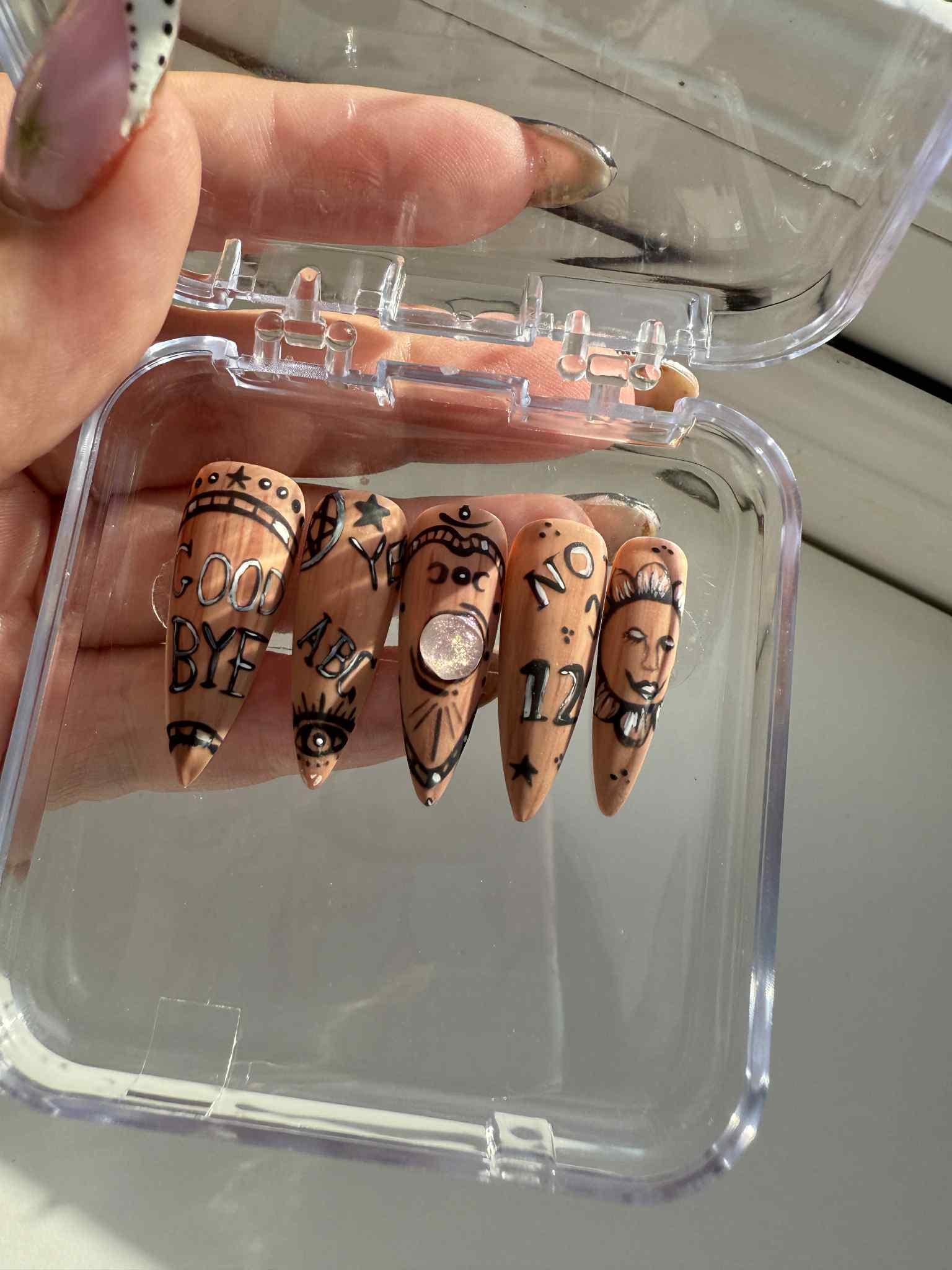 Ouija Board Inspired Press-On Nails – Gothic Black, White Nail Set with Occult & Spirit Designs – Reusable False Nails - gifts for her