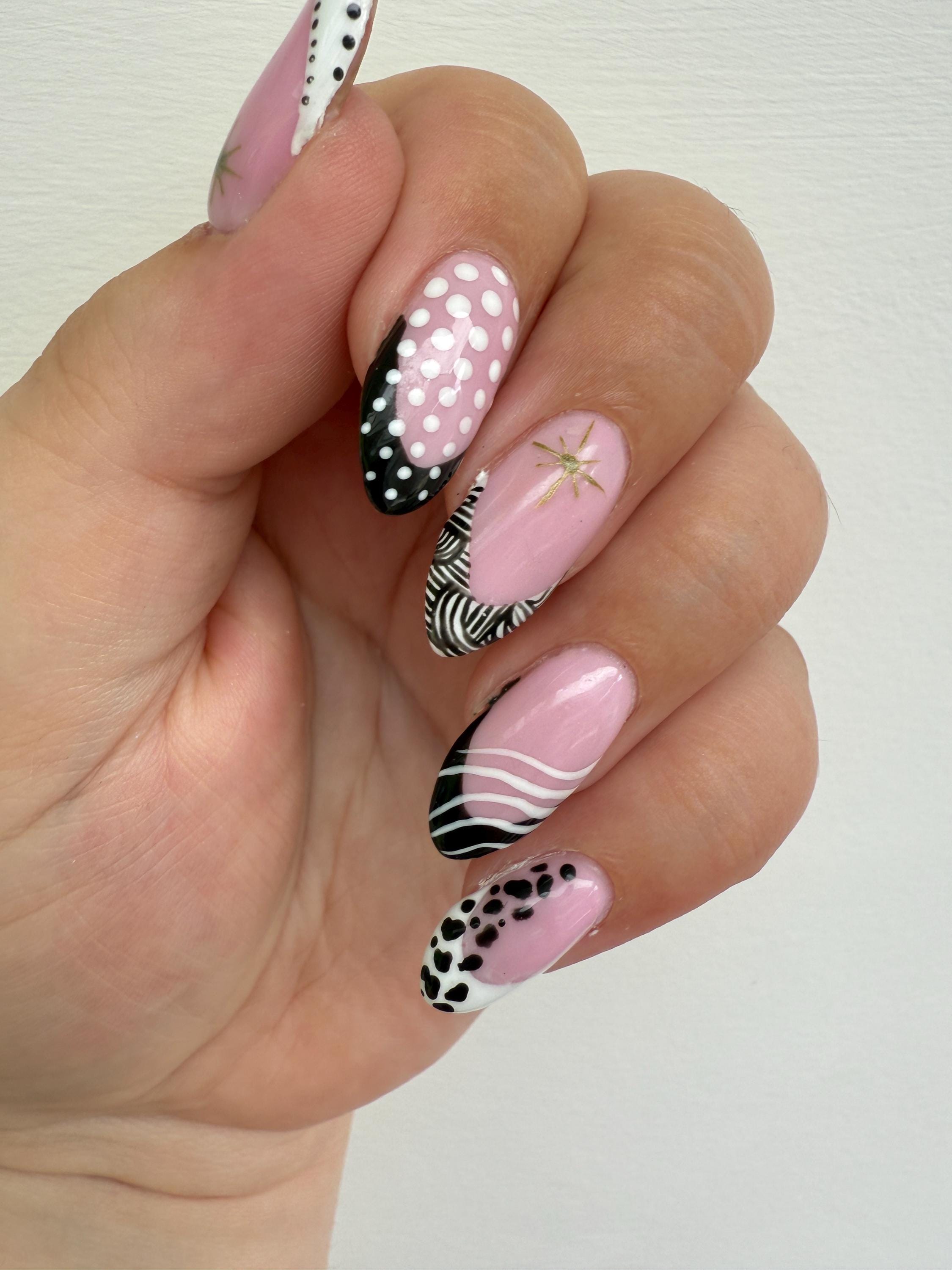 Elegant Black & White French Tip Press On Nails | Luxury Handmade False Nails reusable handmade nails - minimal press ons - gift for her