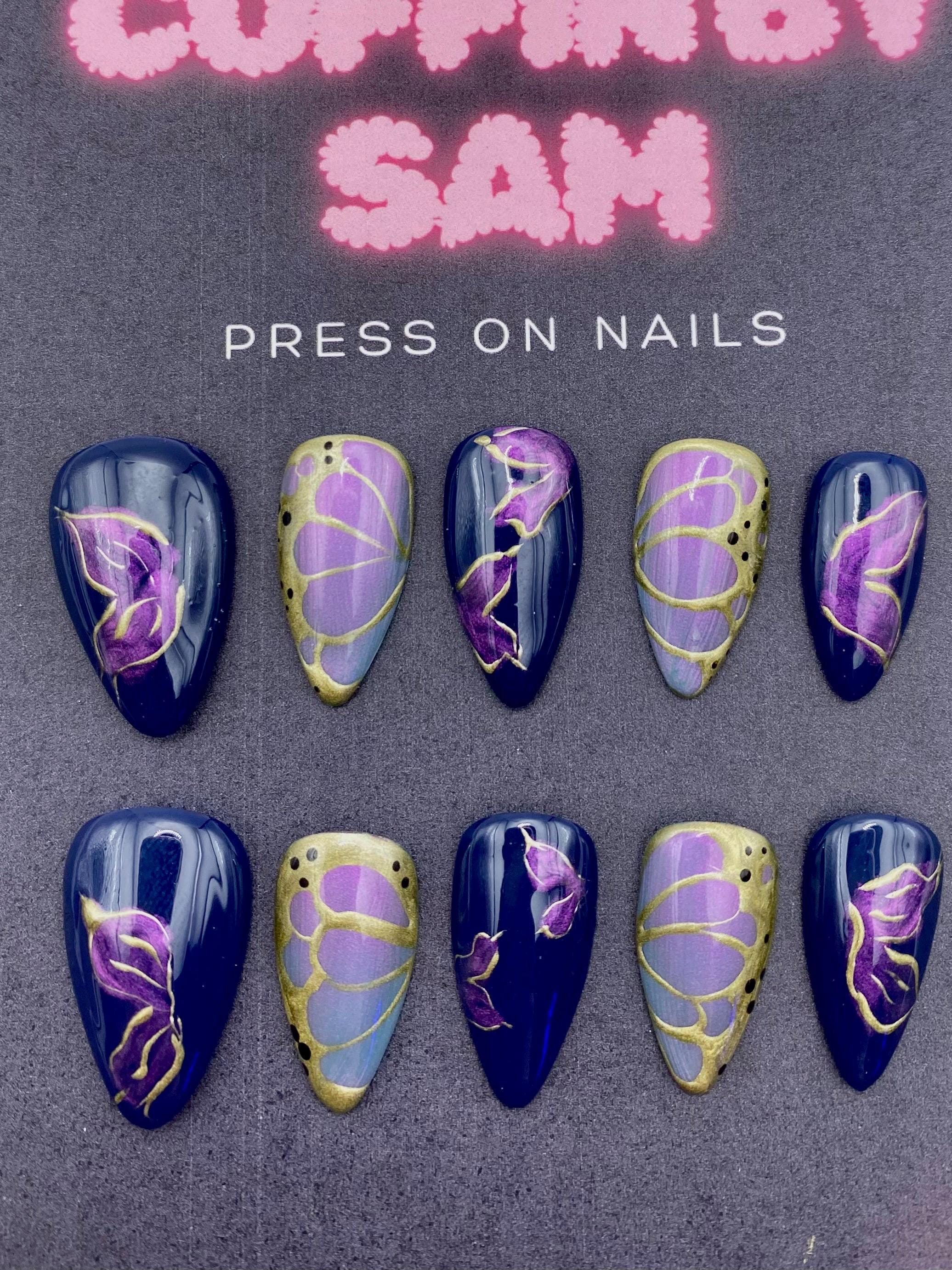 Butterfly press on nails - elegant nails - gifts for her - unique gifts - blue - gold