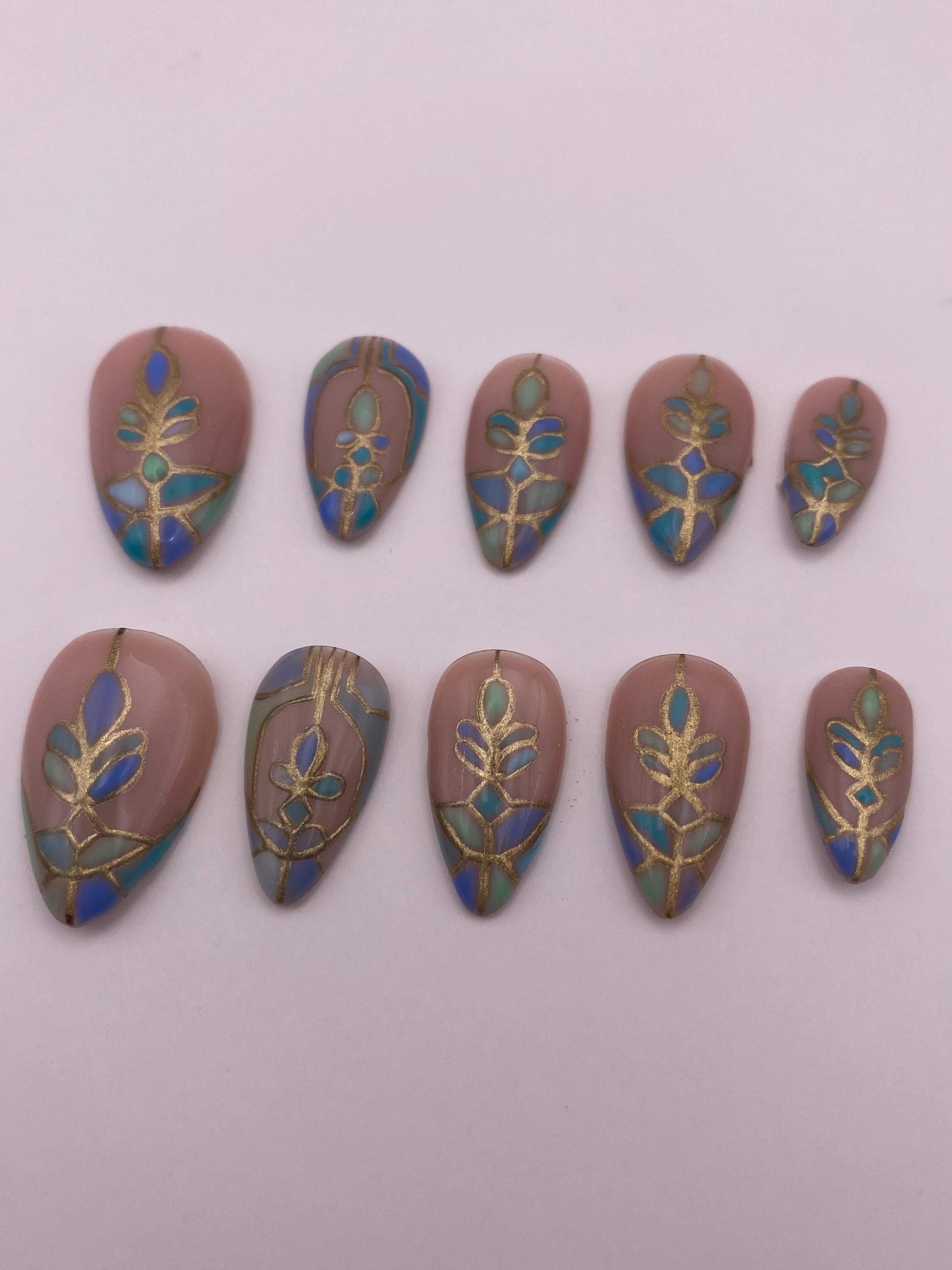 Stained glass press on nails - Gothic green blue fake nails - nail art set - reusable handmade nails - natural press on - gift for her