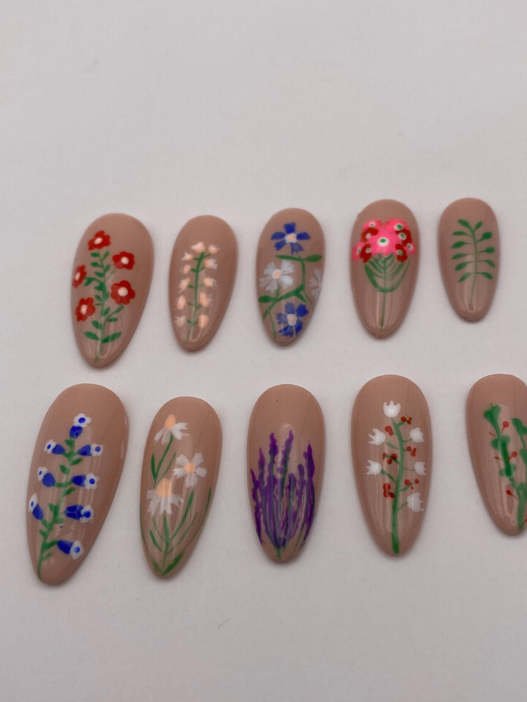 Floral press on nails - Garden fake nails - reusable handmade nails - flower press ons - gift for her