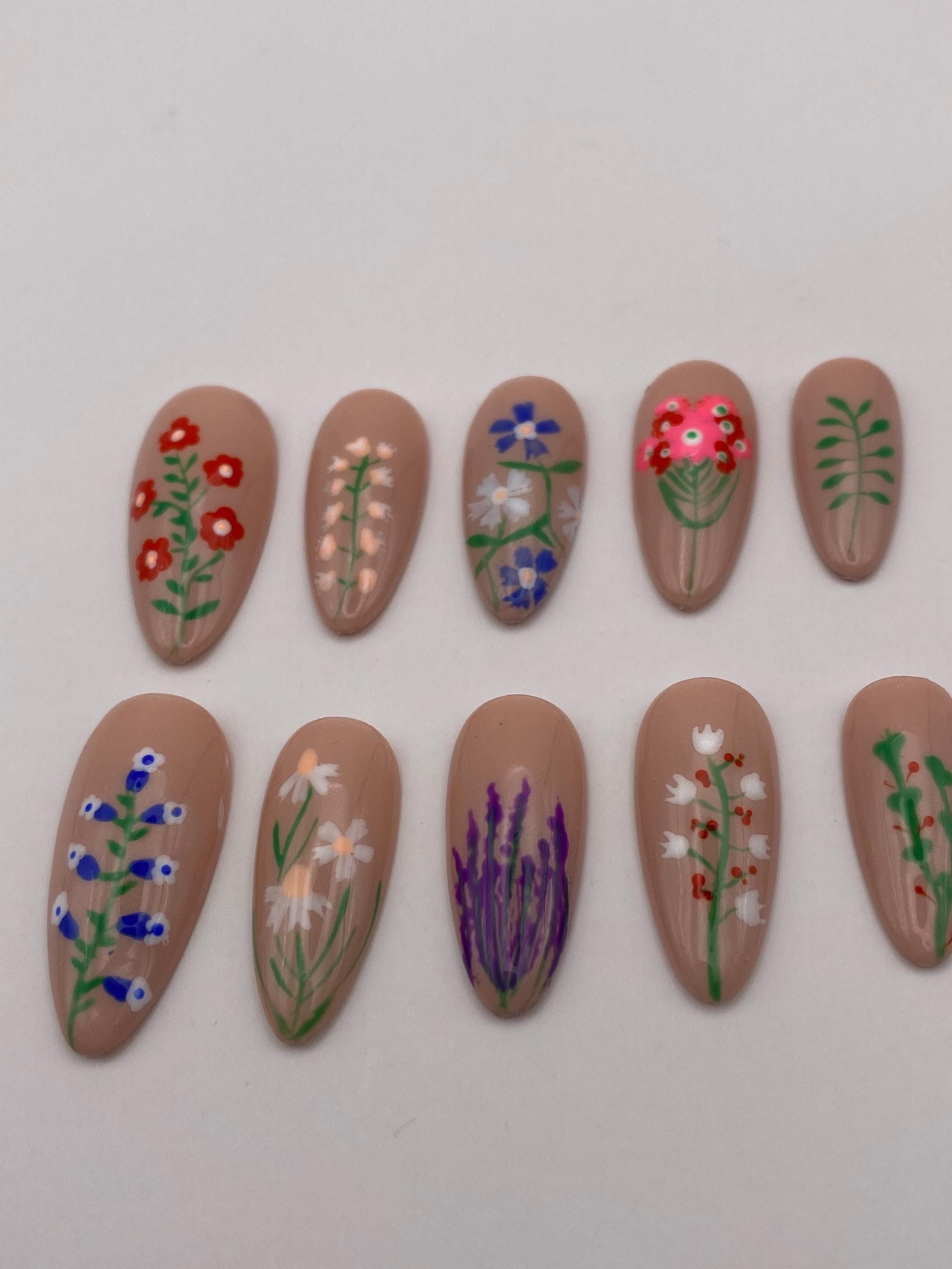 Floral press on nails - Garden fake nails - reusable handmade nails - flower press ons - gift for her