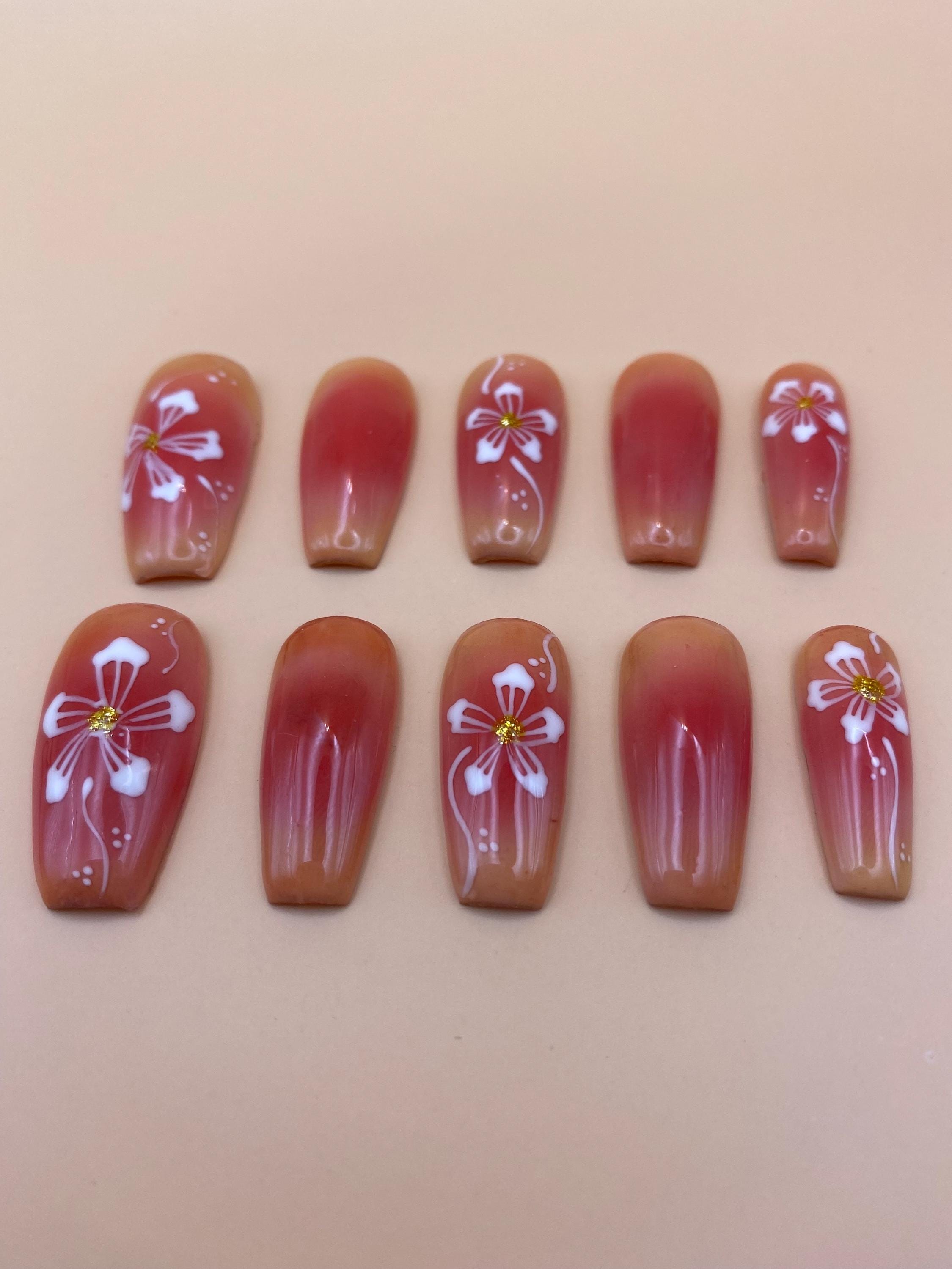 Summer coral flower press on nails - Hibiscus flower fake nails - reusable handmade nails - bright summer press ons - gift for her