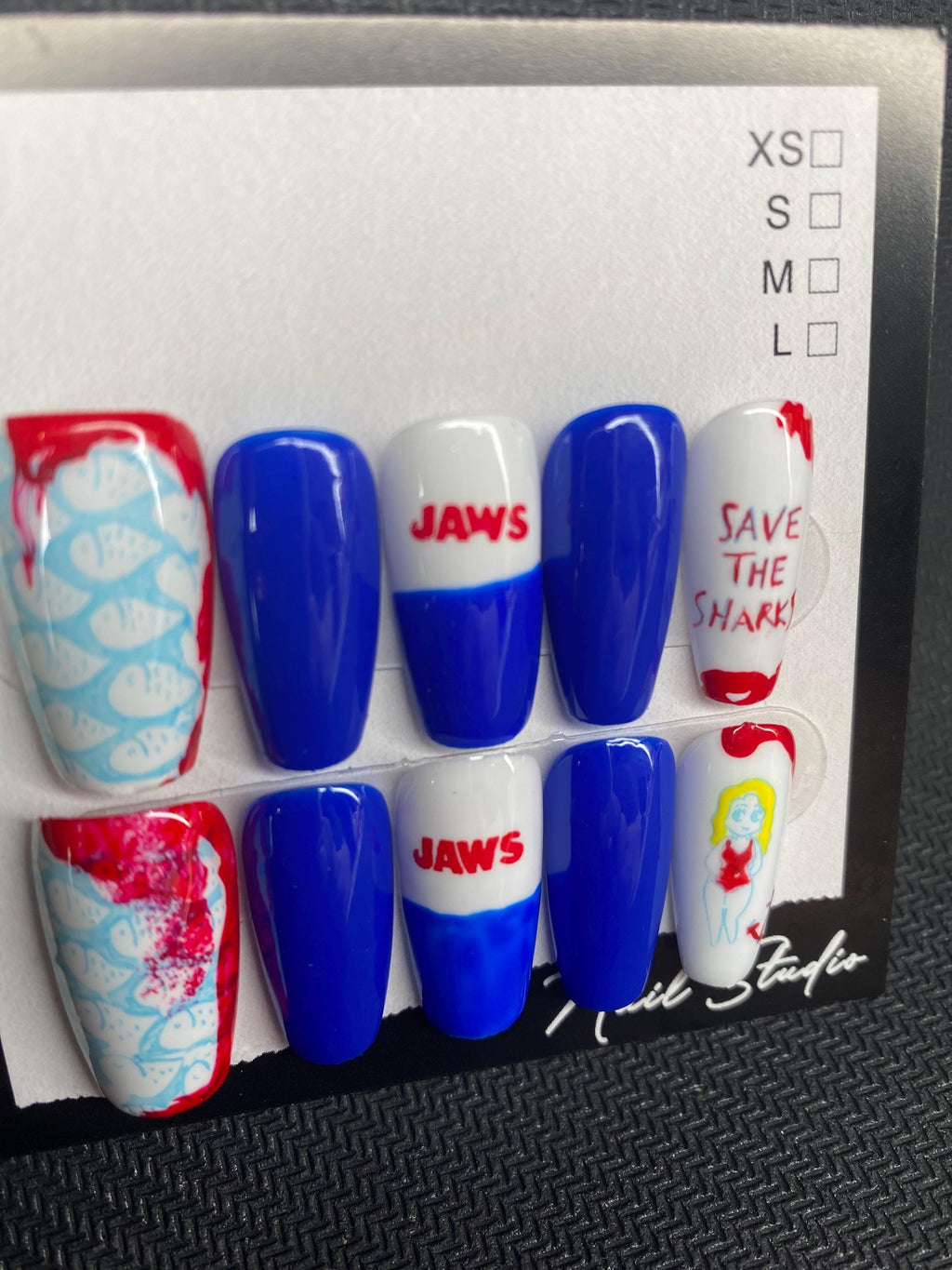 Jaws inspired nails - movie nails - horror nail - nerd - gifts for her - Blue nails - art - gift