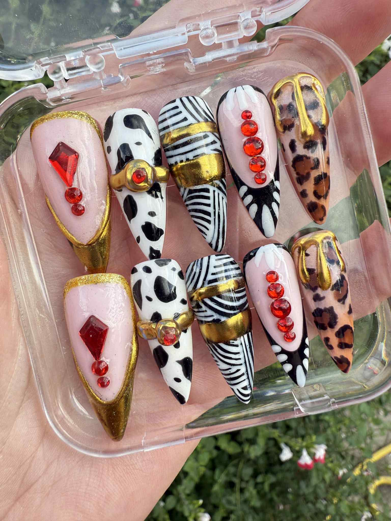 Safari Glam Press On Nails – Mixed Animal Print with Gold Accents & Red Crystals – Long Stiletto Luxury Nail Set -Gifts for her