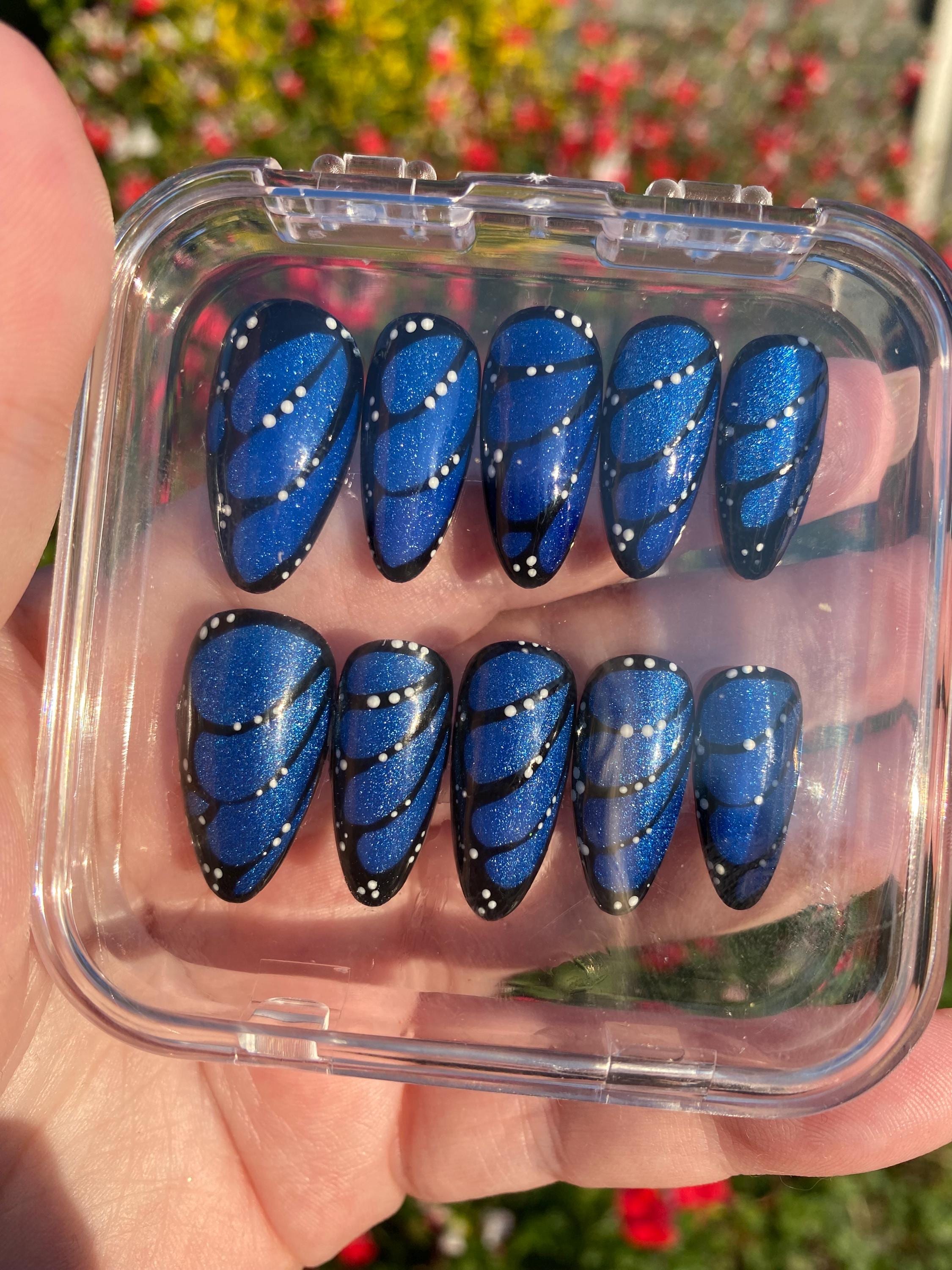 Butterfly wing with cat eye press on nails - magnetic fake nails - reusable handmade nails - butterfly press ons - gift for her