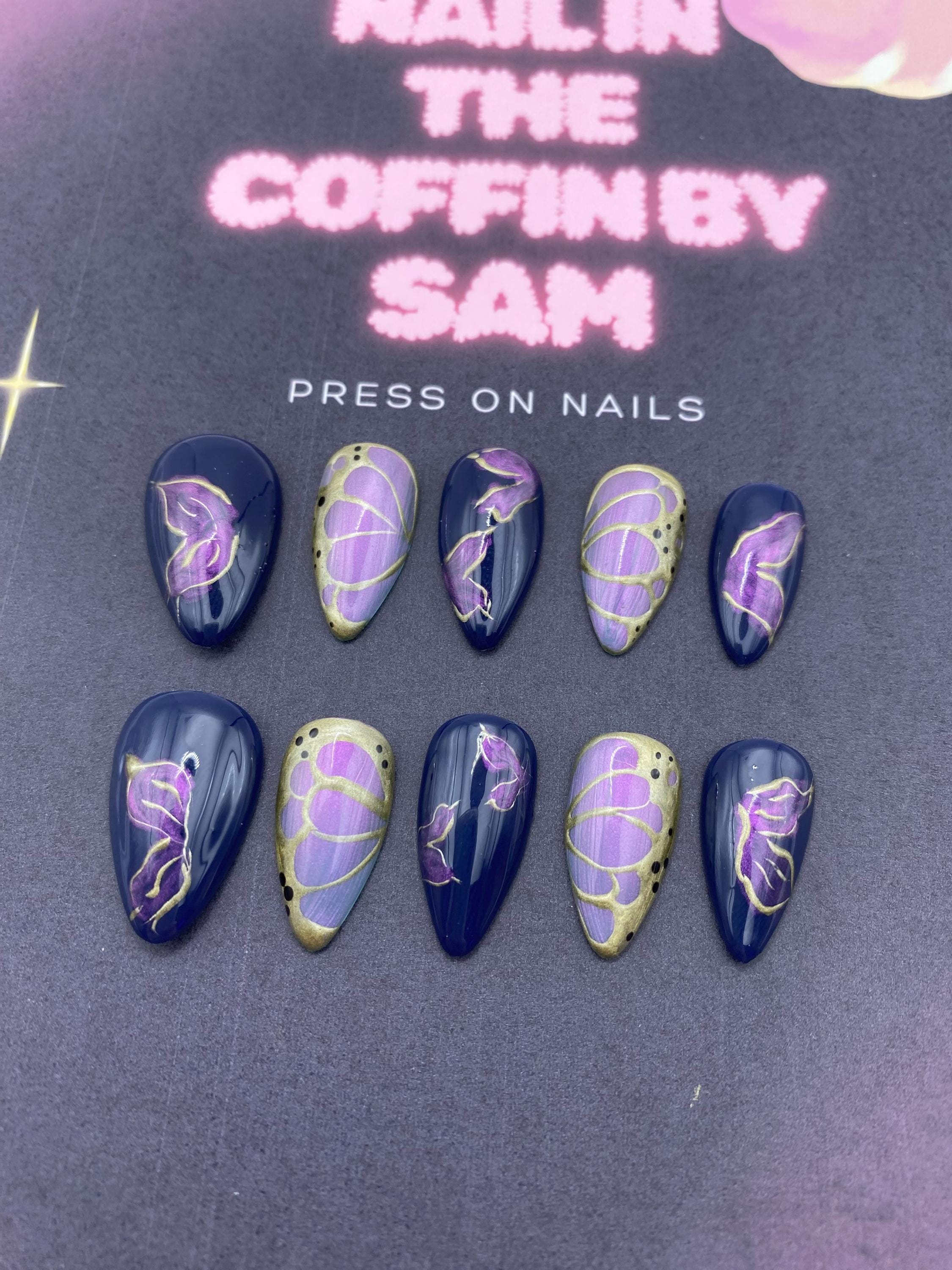 Butterfly press on nails - elegant nails - gifts for her - unique gifts - blue - gold