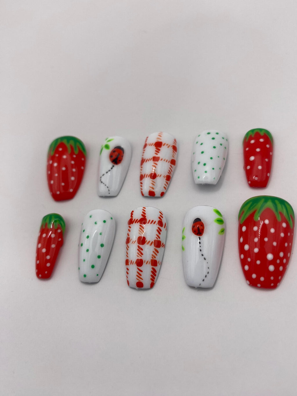Trending Fruit nails - press on nails - strawberry - ladybugs - red - white - gifts for her