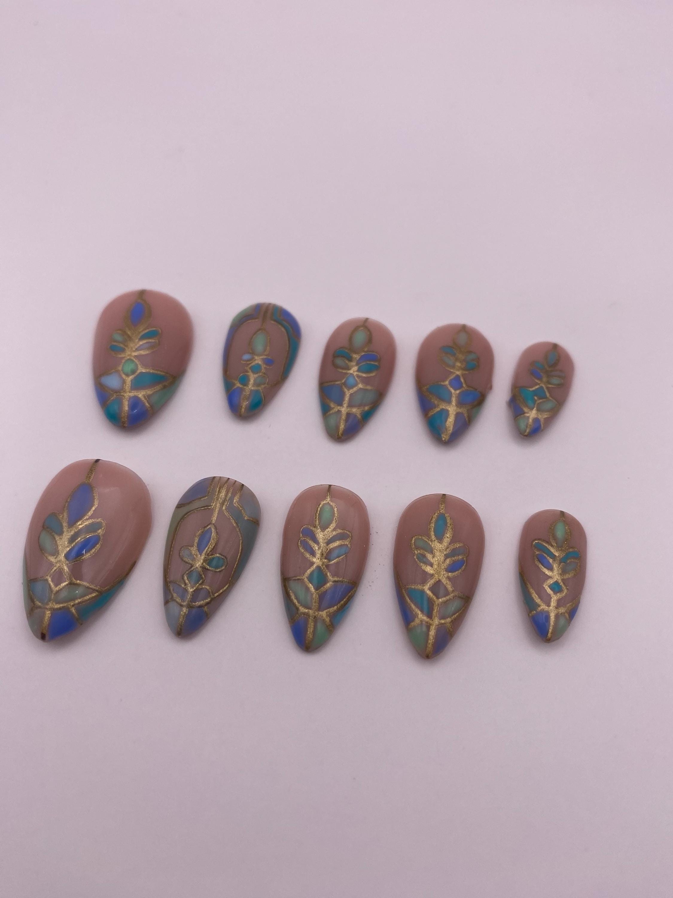 Stained glass press on nails - Gothic green blue fake nails - nail art set - reusable handmade nails - natural press on - gift for her