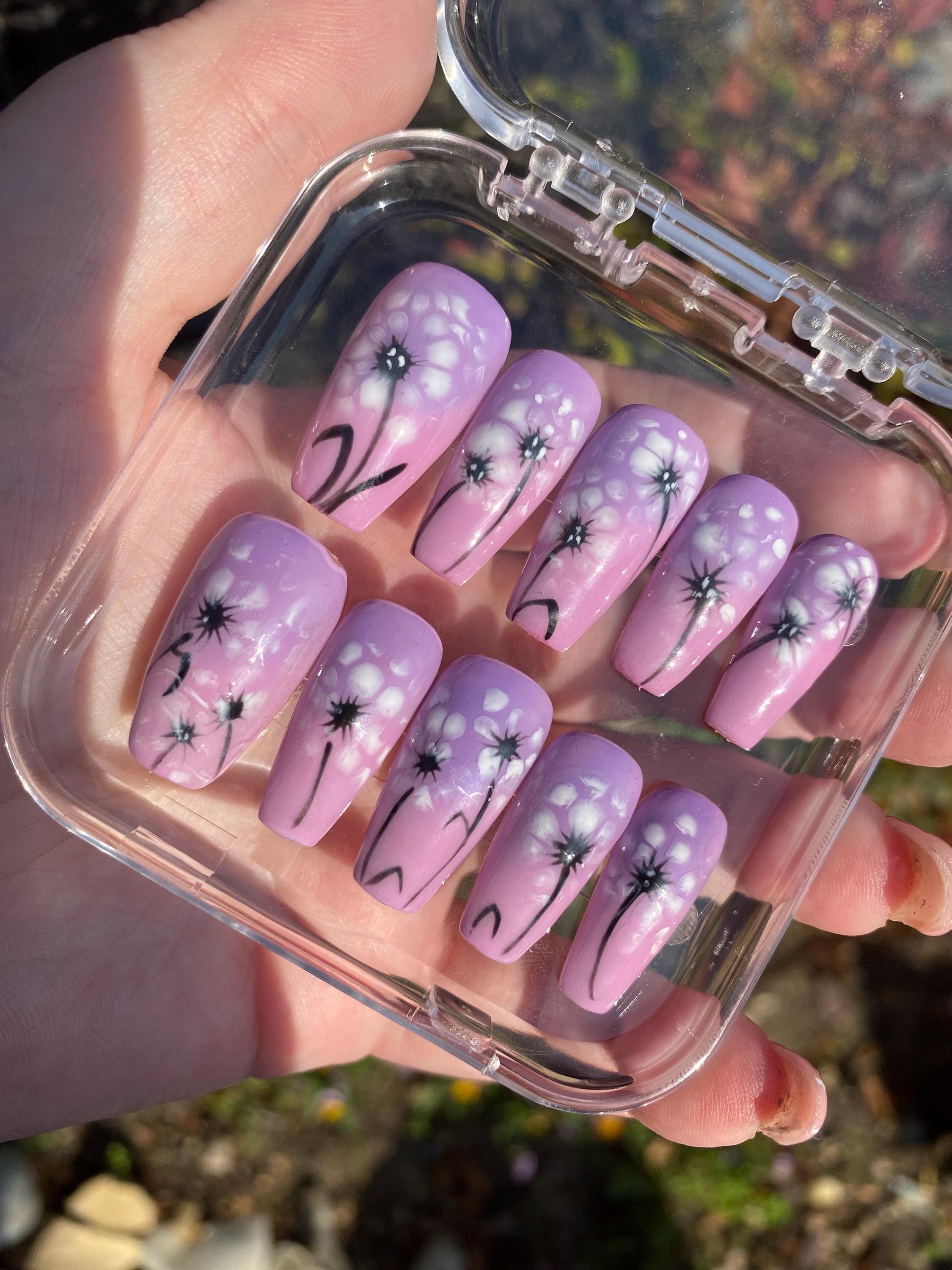 Summer flower press on nails - Garden fake nails - reusable handmade nails - pink purple press ons - gift for her