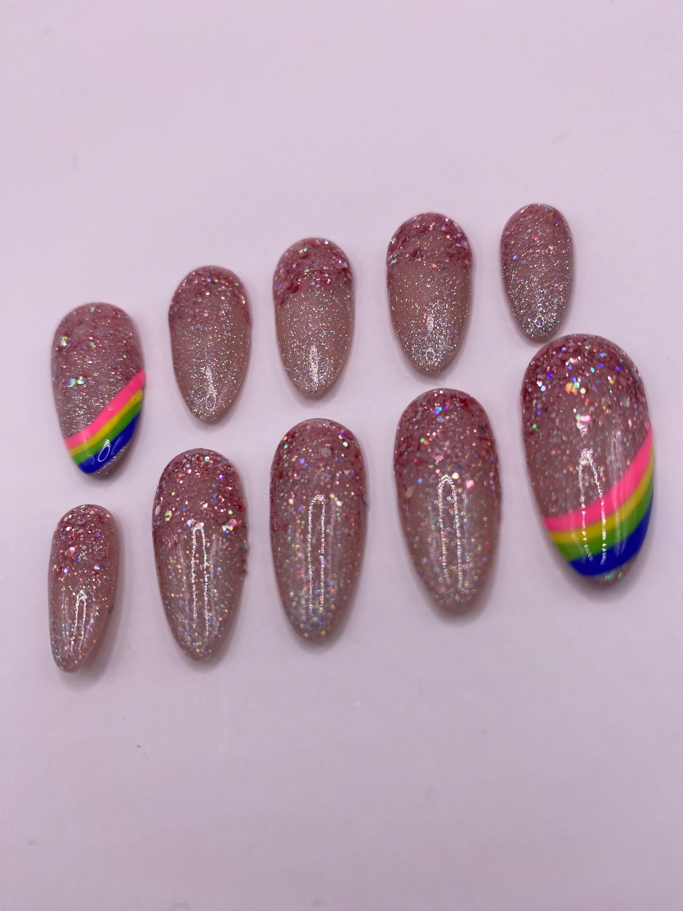 Sparkly press on nail set - party nails - lgbtq - reusable handmade nails - sparkle - glitter -gift for her - rose gold