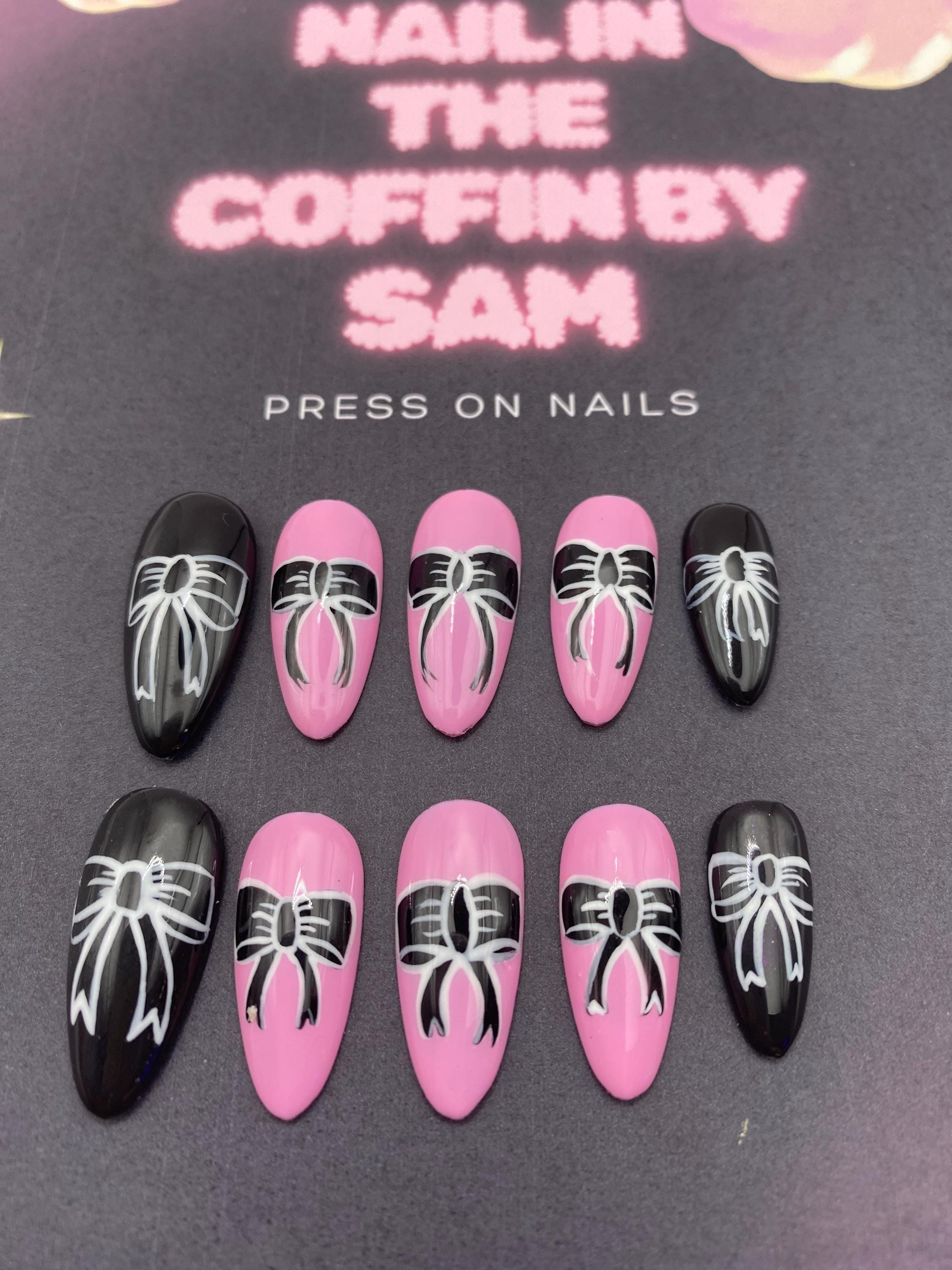 Gothic press on nails - pink - black - gifts for her - goth - bow -