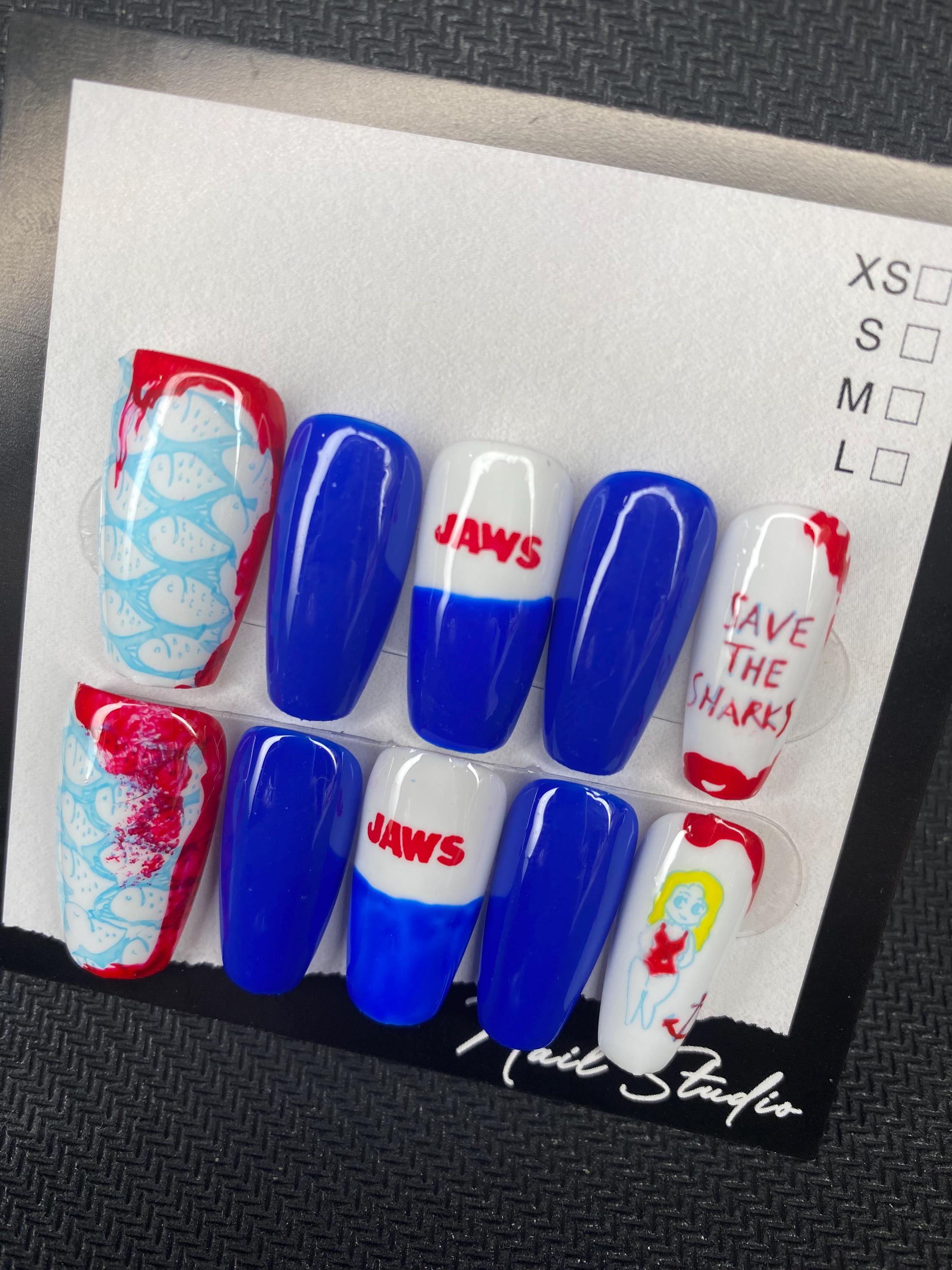 Jaws inspired nails - movie nails - horror nail - nerd - gifts for her - Blue nails - art - gift