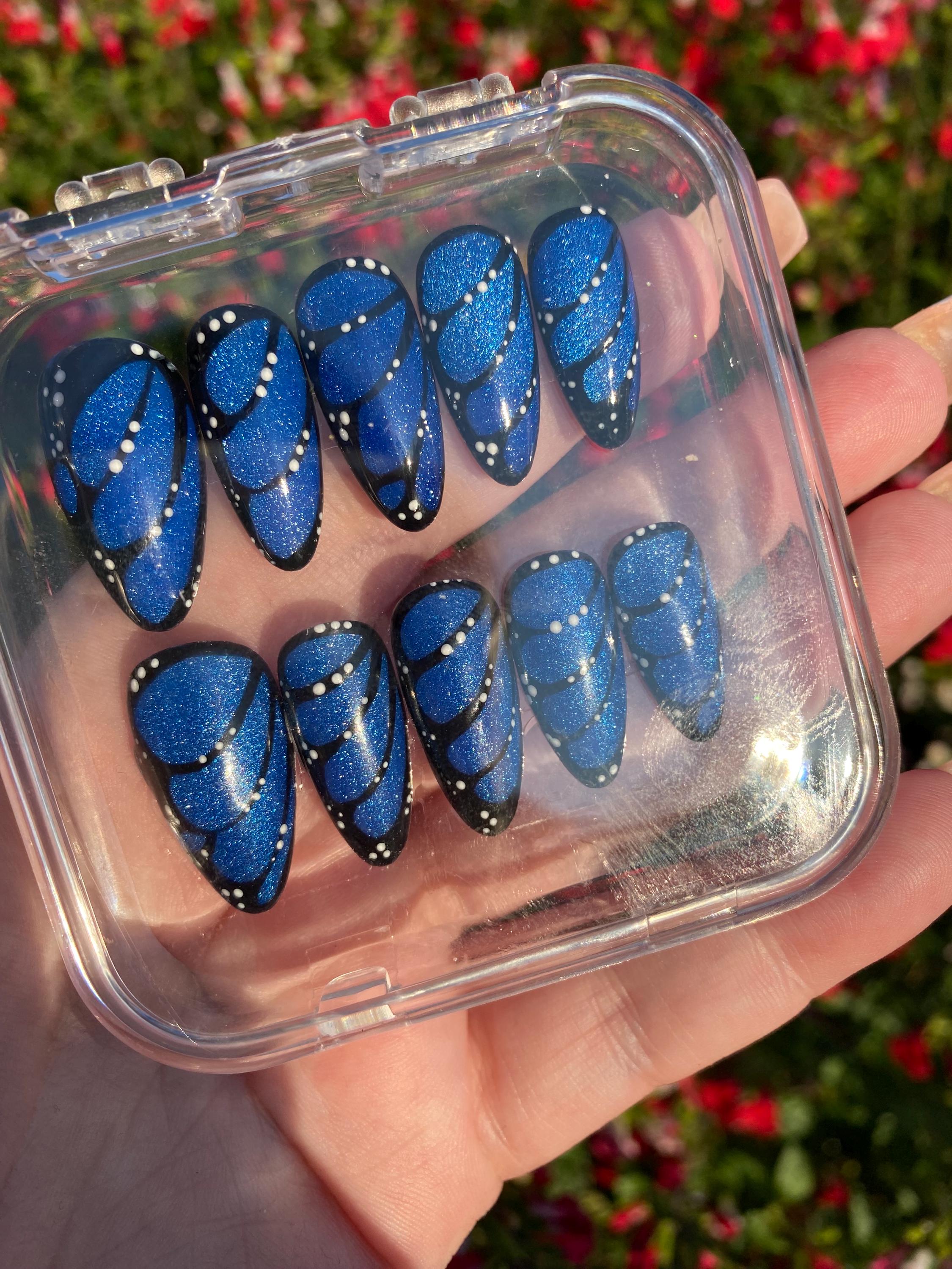 Butterfly wing with cat eye press on nails - magnetic fake nails - reusable handmade nails - butterfly press ons - gift for her