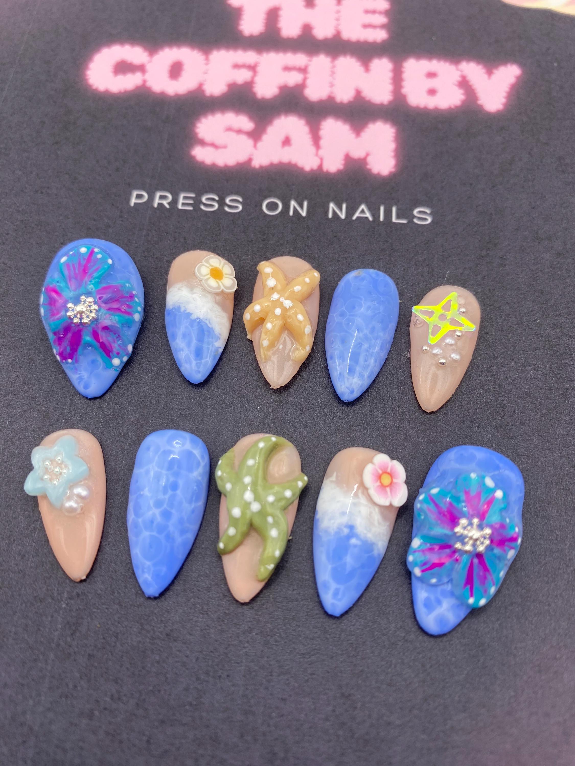 4d 3d press on nails - beach - holiday - sea life -unique nails - blue - starfish - flowers