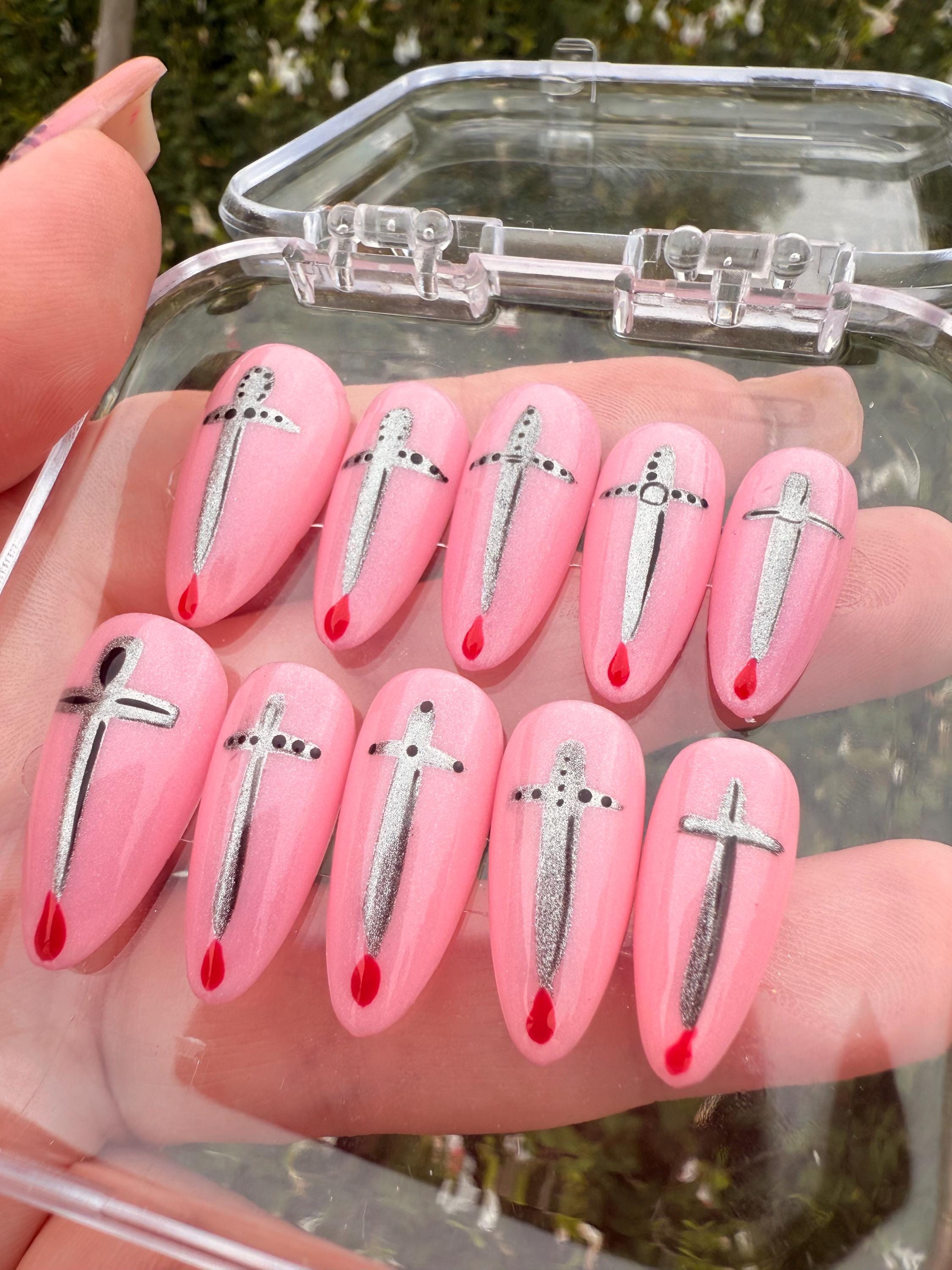Pink Press On Nails with Silver Swords & Blood Drip | Gothic Nail Art | Horror Nails | Handmade Fake Nails | Halloween Nails | Gift for her