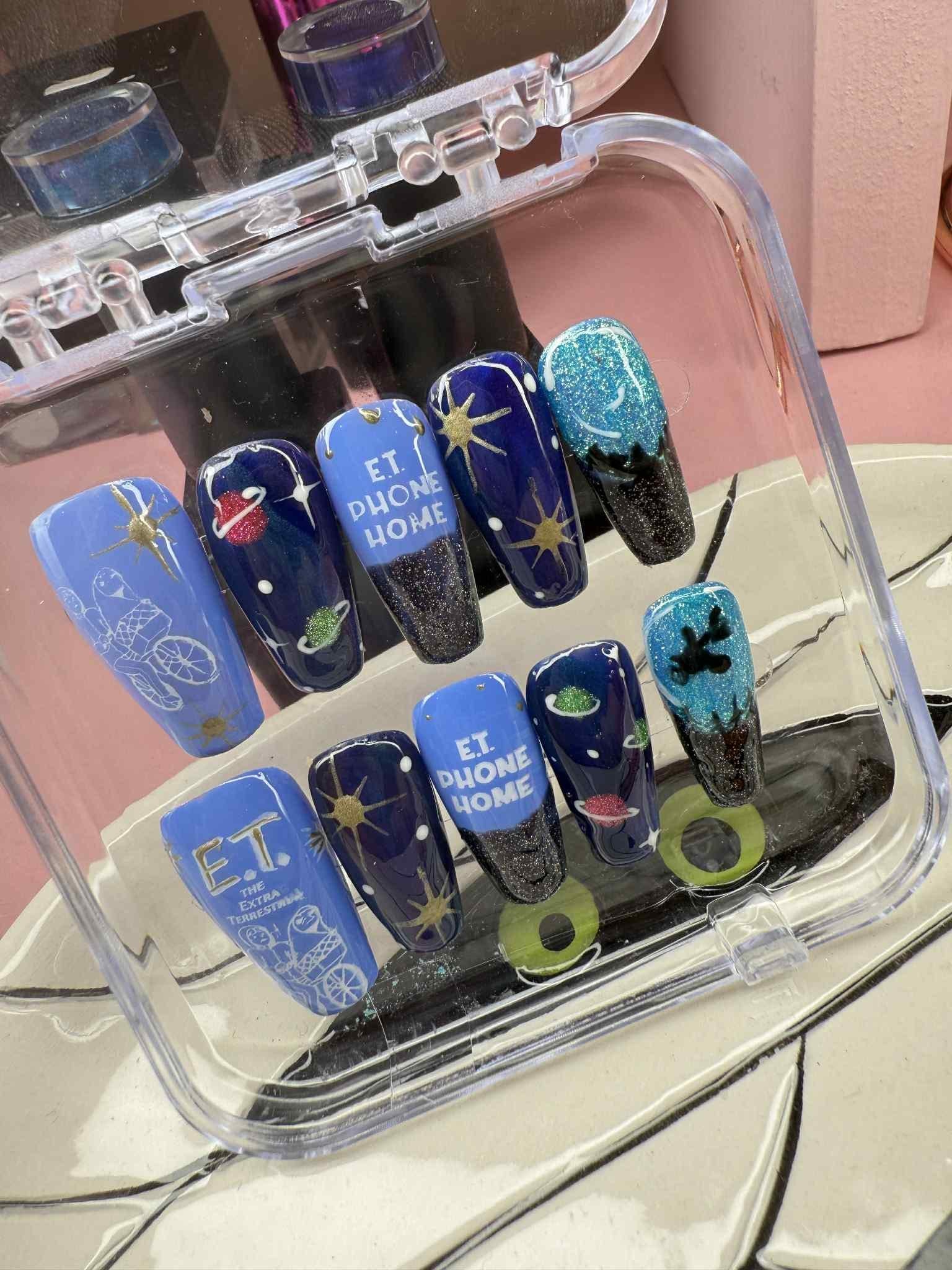 E.T. Inspired Press-On Nails – Blue Galaxy Nail Set with Alien & Space Design – Cosmic Handmade False Nails- Gifts for her