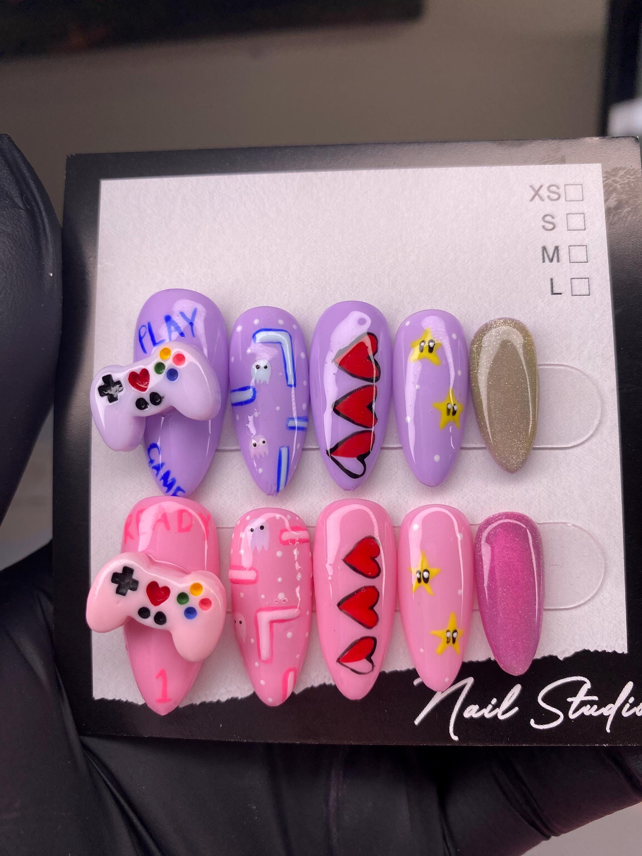 Gamer pink and purple press on nails - gamer girl - kawaii - retro - games - retro games - magnetic nails - nail art - nail charms -