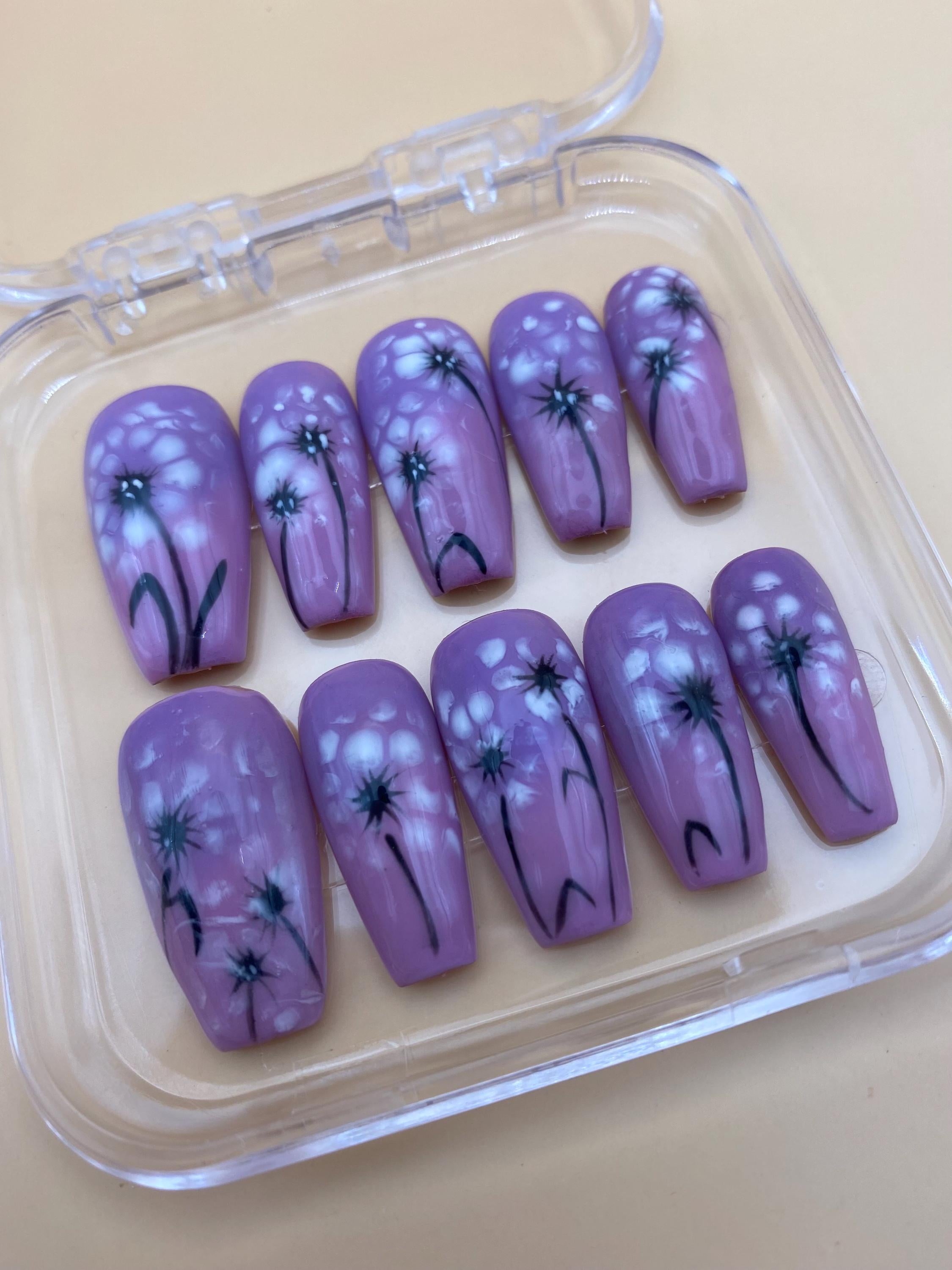 Summer flower press on nails - Garden fake nails - reusable handmade nails - pink purple press ons - gift for her
