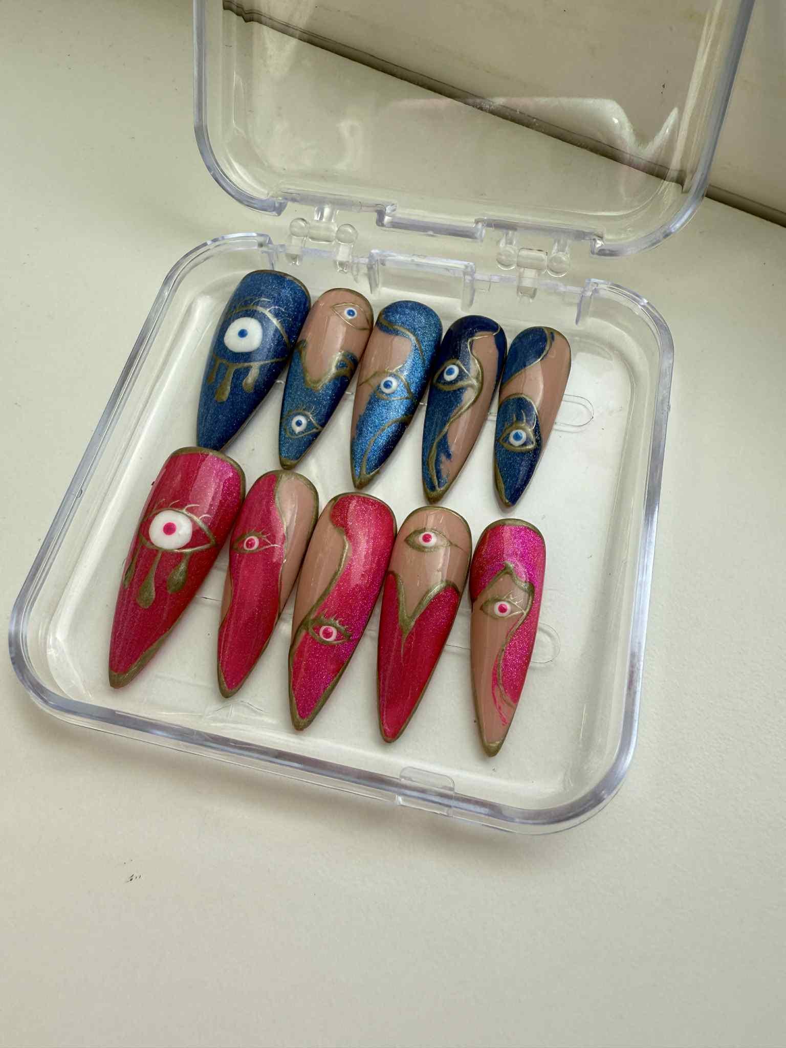 Handmade Evil Eye Press On Nails – Blue & Pink Mixed Set | Long Stiletto Artistic Nail Art | Boho Witchy Protective Nail Design-gift for her