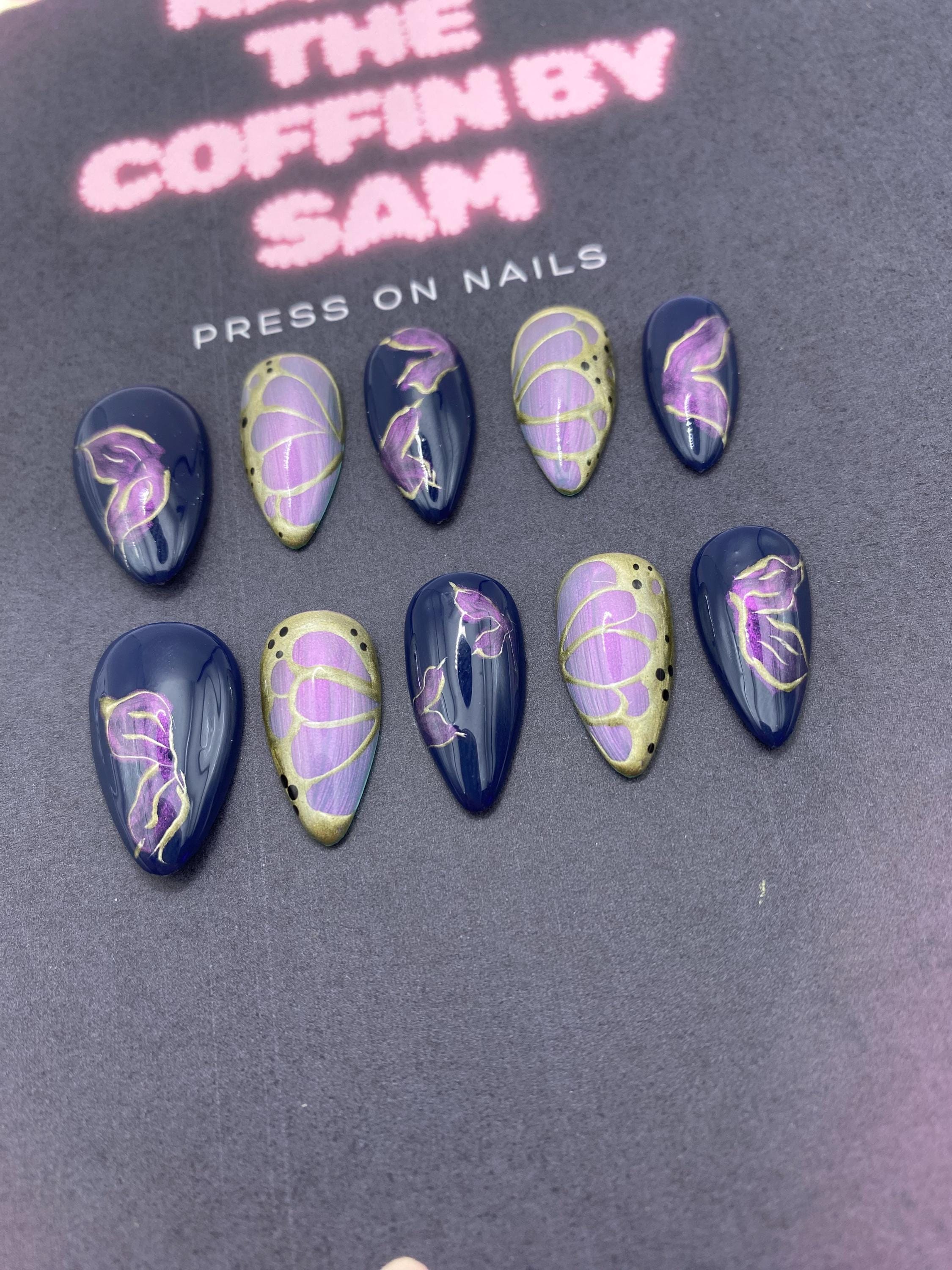 Butterfly press on nails - elegant nails - gifts for her - unique gifts - blue - gold