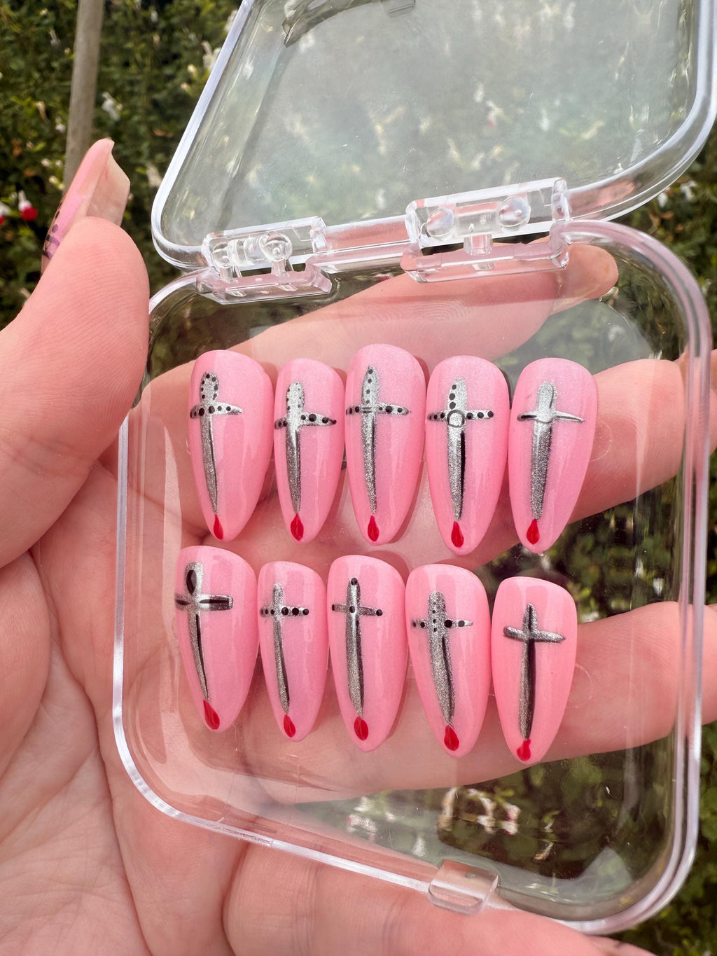 Pink Press On Nails with Silver Swords & Blood Drip | Gothic Nail Art | Horror Nails | Handmade Fake Nails | Halloween Nails | Gift for her