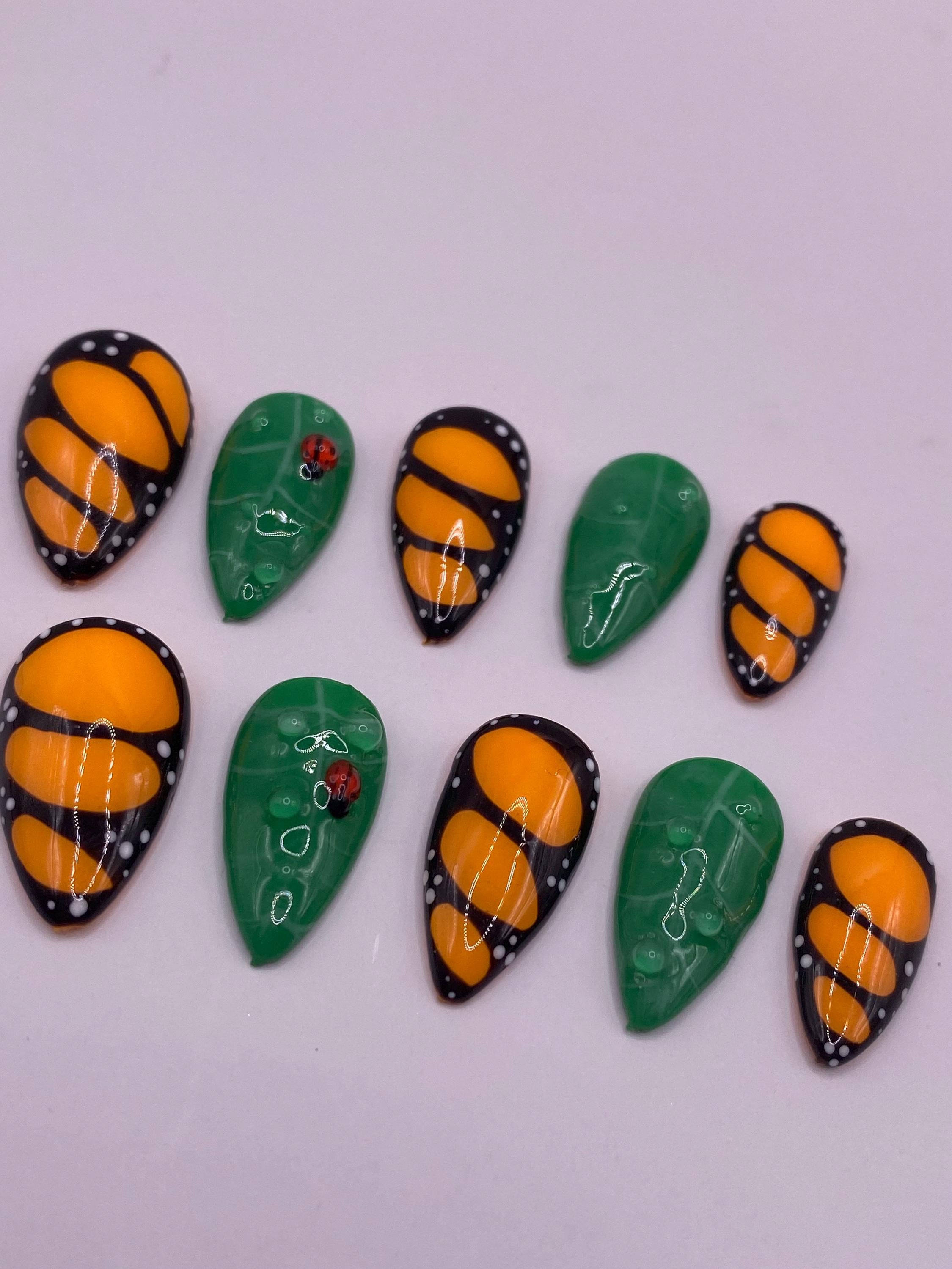Butterfly wing and ladybird leaf press on nails - Garden fake nails - reusable handmade nails - butterfly press ons - gift for her