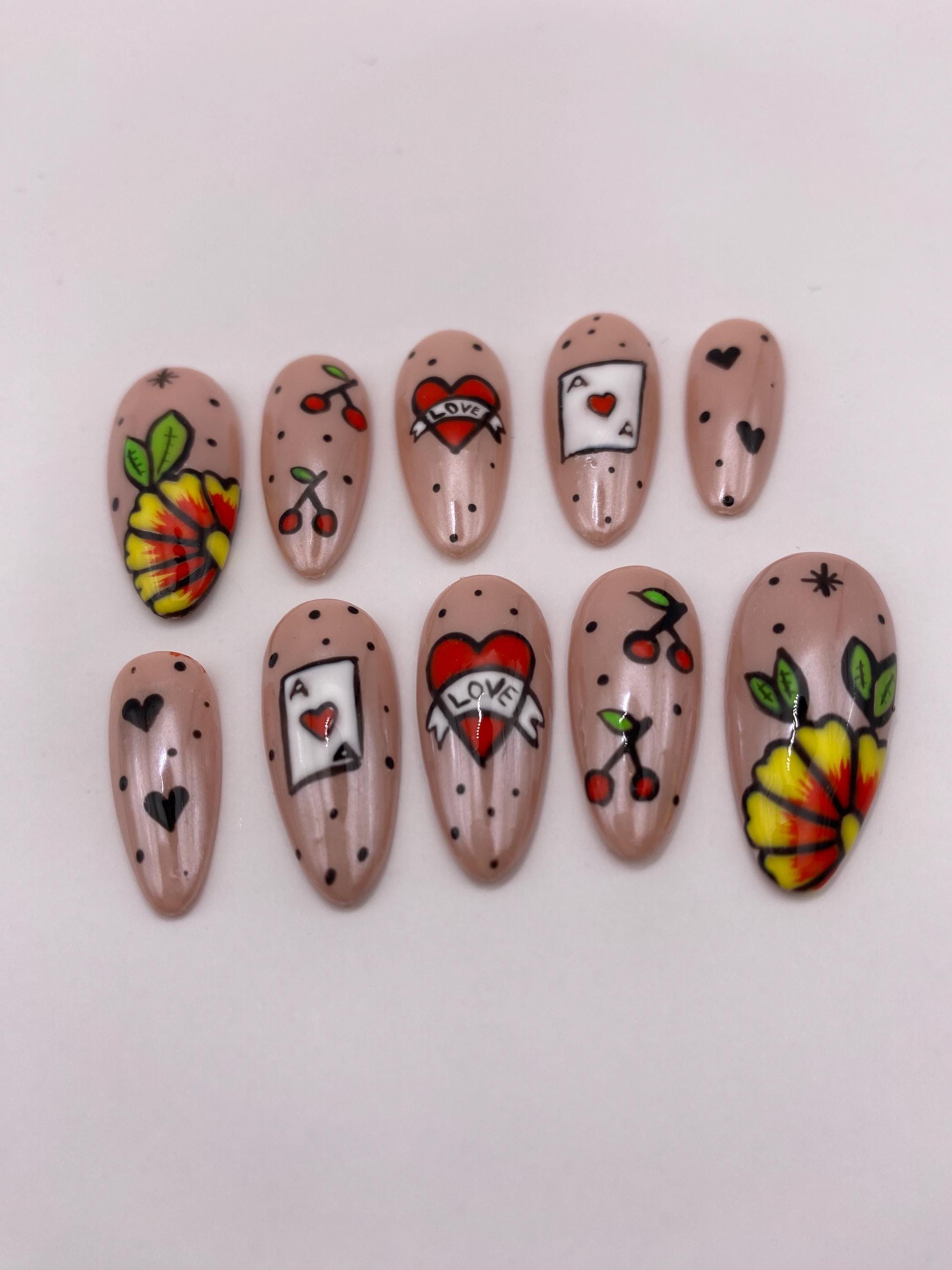 Tattoo inspired press on nail set - beige - gift for her - unique gift - red - fake nails - unique design - chrome