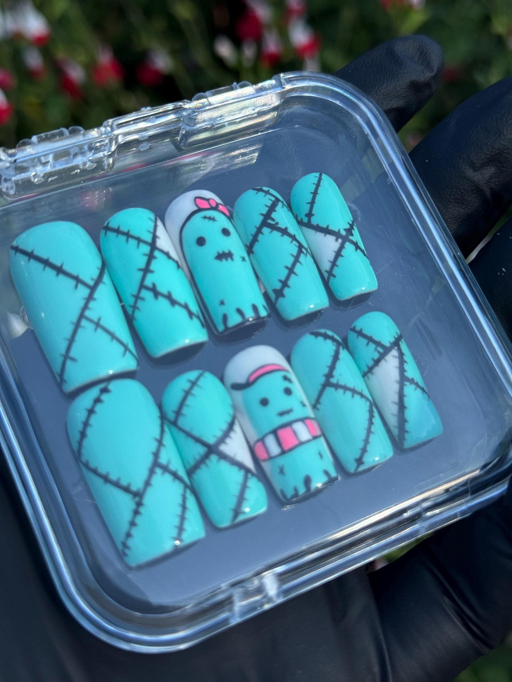 Cute ghost press on nails - aqua blue fake nails - reusable handmade nails - cute press ons - gift for her