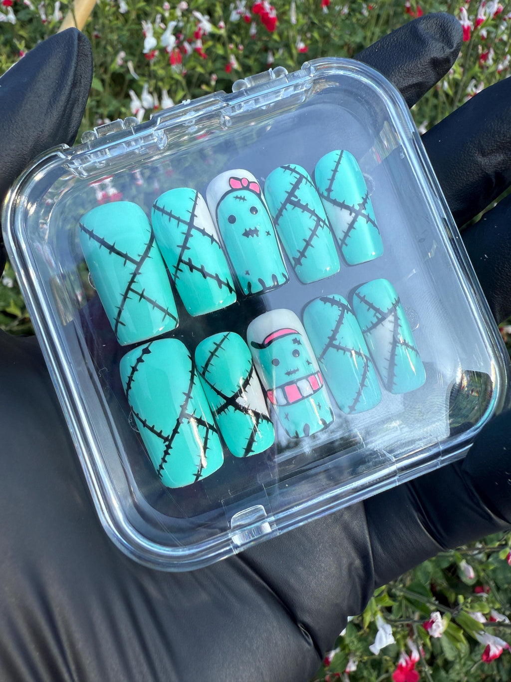 Cute ghost press on nails - aqua blue fake nails - reusable handmade nails - cute press ons - gift for her