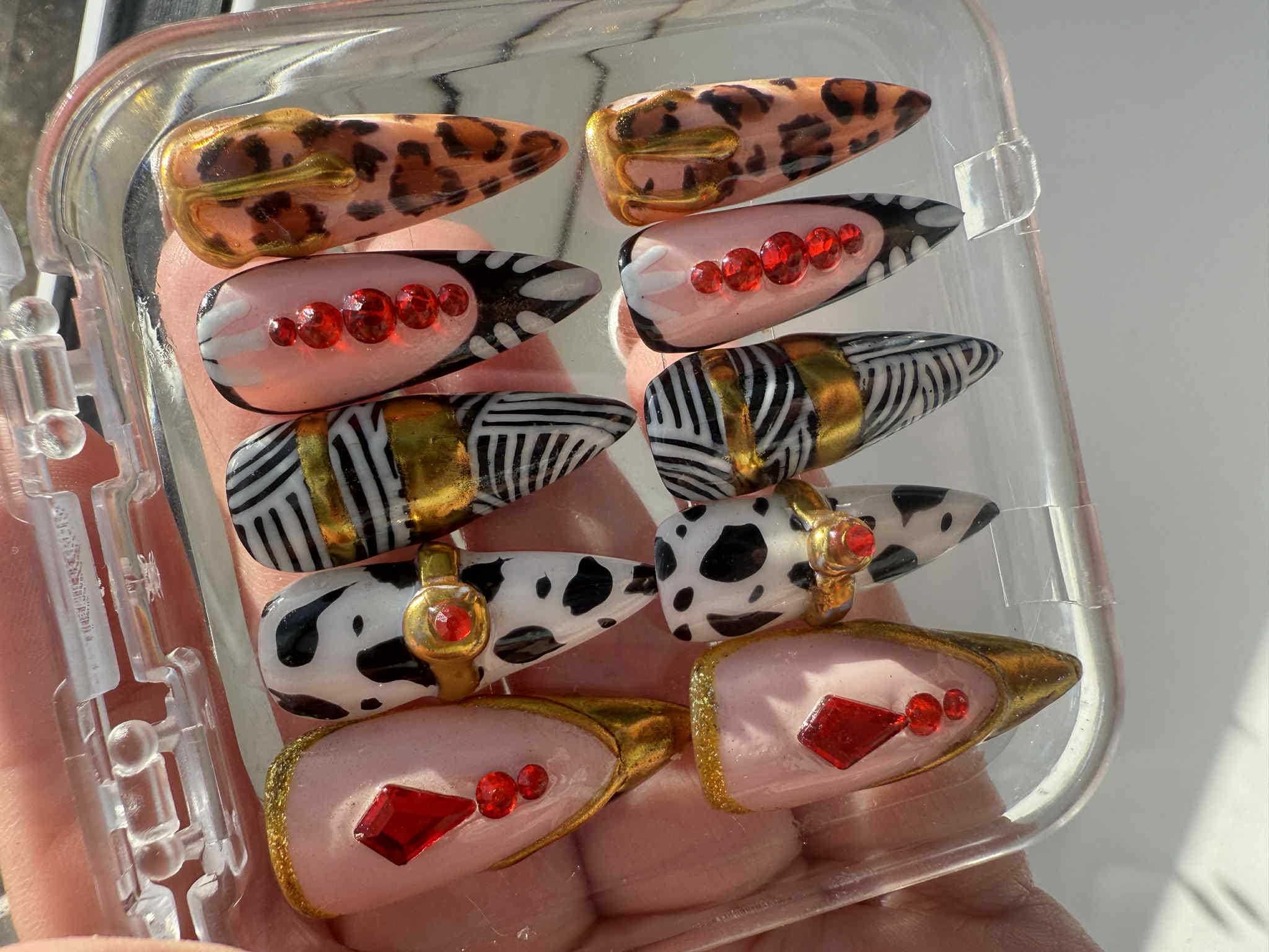 Safari Glam Press On Nails – Mixed Animal Print with Gold Accents & Red Crystals – Long Stiletto Luxury Nail Set -Gifts for her