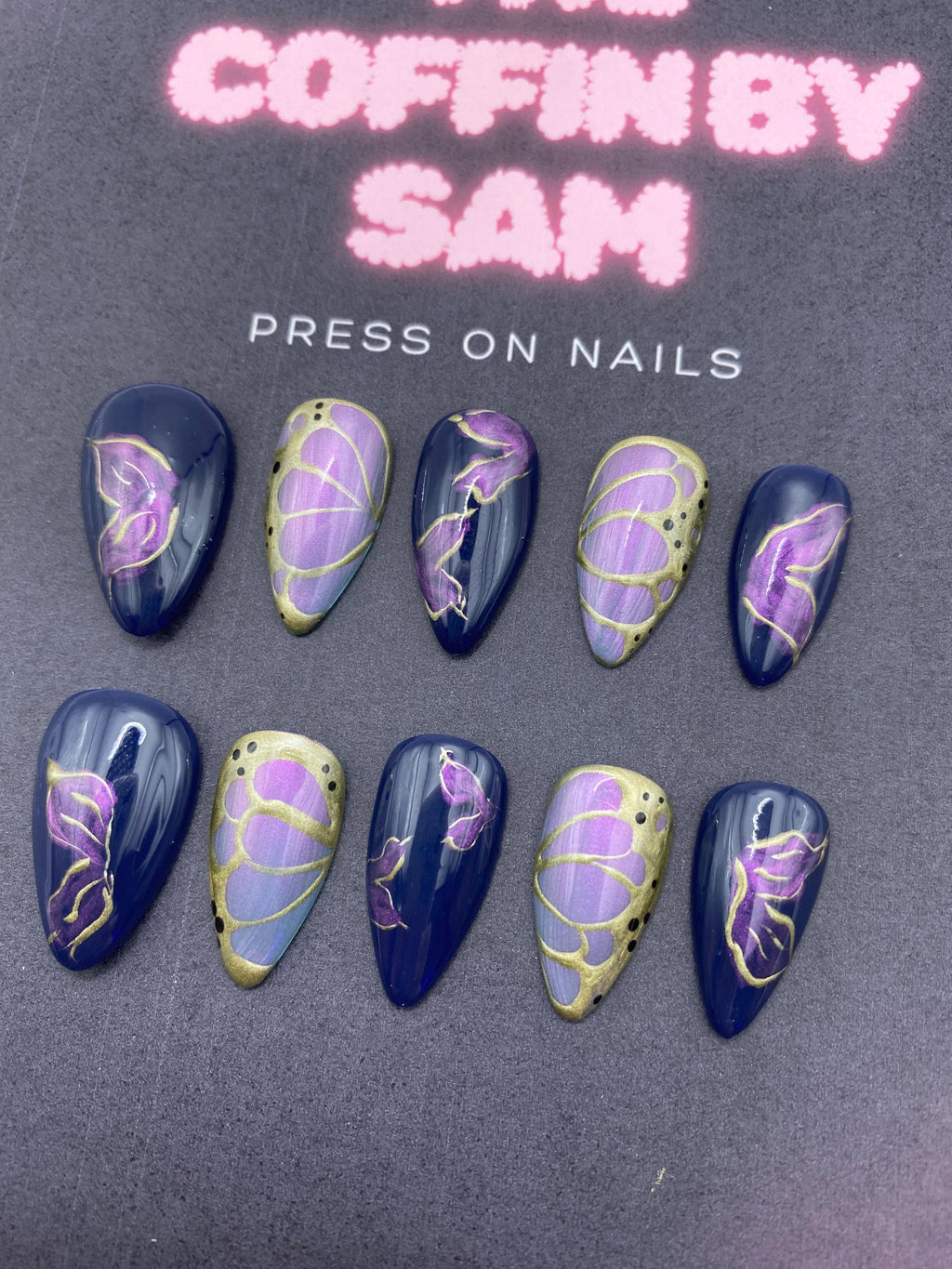 Butterfly press on nails - elegant nails - gifts for her - unique gifts - blue - gold