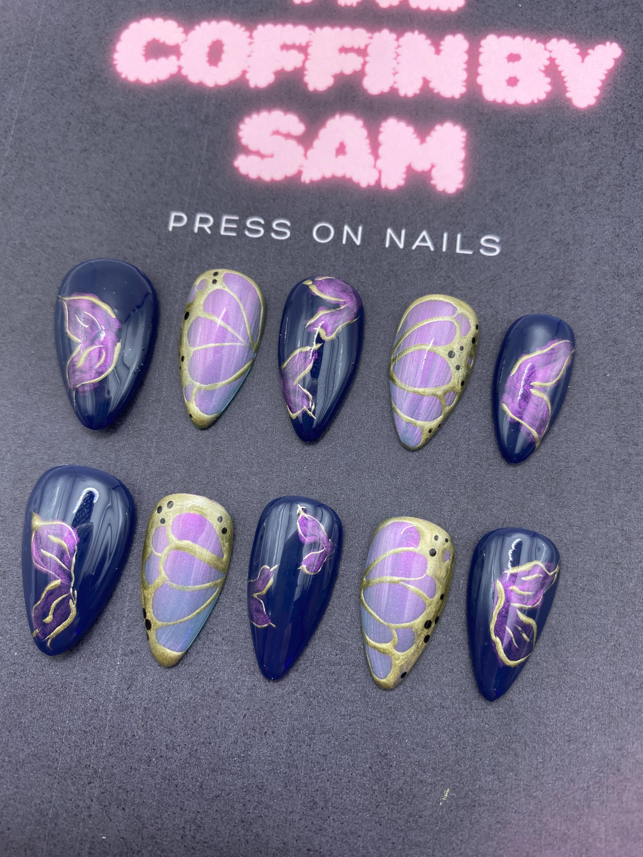 Butterfly press on nails - elegant nails - gifts for her - unique gifts - blue - gold